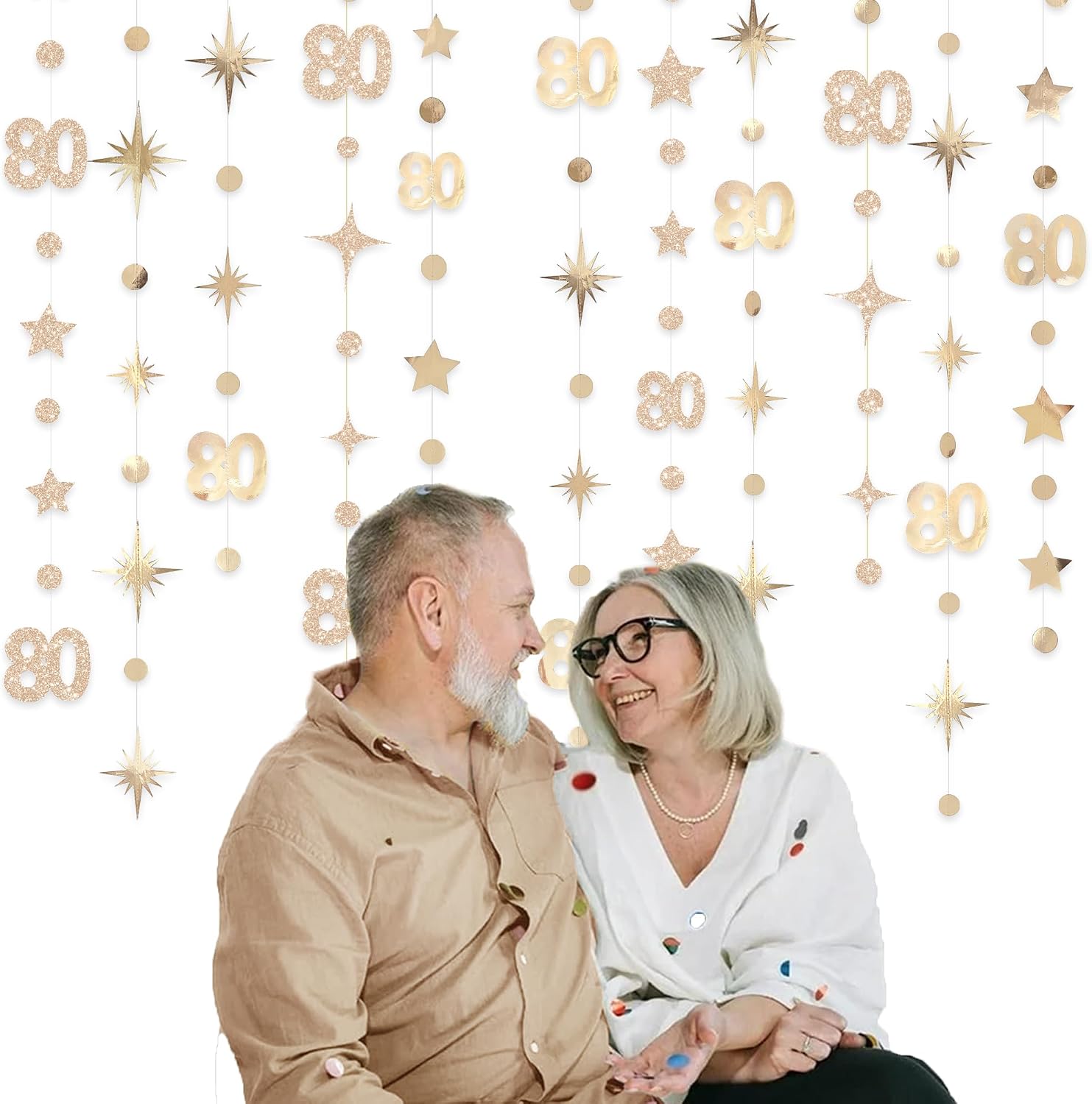 Champagne Gold 80th Birthday Decorations Number 80 Circle Dot Star Garland Metallic Streamer Banner for Women Mens Cheers to 80 Years Old Birthday Happy 80th Anniversary Vintage 1945 Party Supplies