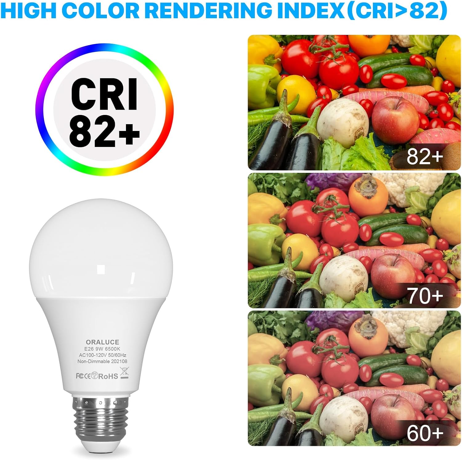 ORALUCE LED Light Bulb, A19 9W Lightbulbs, 60 Watt Equivalent, 120V 900LM, 6500K Cool White, E26 Medium Base, Non Dimmable, Energy Efficient, UL Listed, 6 Pack
