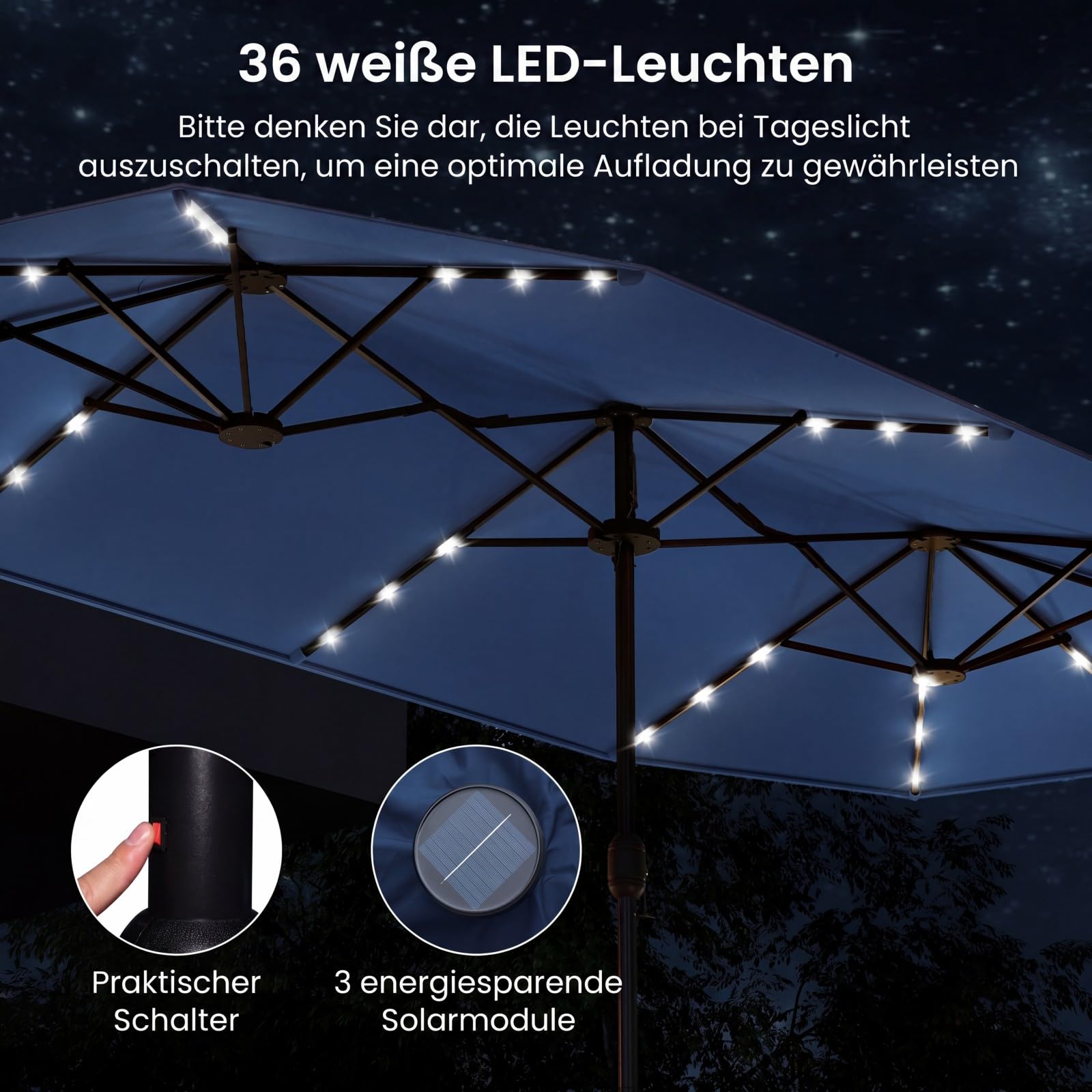 COSTWAY Podwójny parasol przeciwsłoneczny ze stojakiem i diodami LED, 400 x 200 cm, duży parasol przeciwsłoneczny, XXL, UPF 50+, parasol ogrodowy z korbą, parasol tarasowy, do ogrodu, na taras i basen