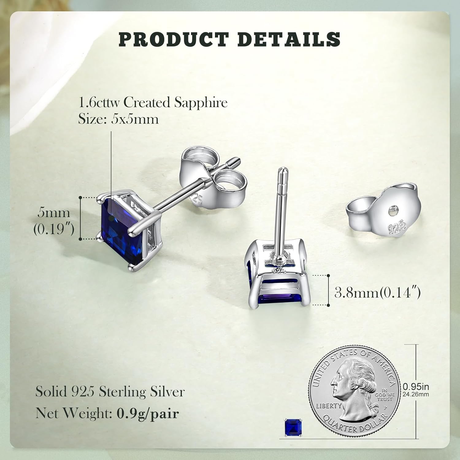 925 Sterling Silver Birthstone Stud Earrings for Women Men, Created Sapphire/Emerald/Ruby/Spinel Earrings Birthday Everyday Jewelry(with Box)