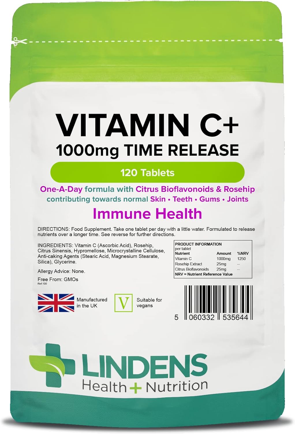 Lindens Vitamin C+ 1000mg – 120 Tablets – Time Release Tablets with Citrus Bioflavonoids and Rosehip – Contributes to Immune System Health, Reduces Tiredness and Supports Healthy Skin and Teeth