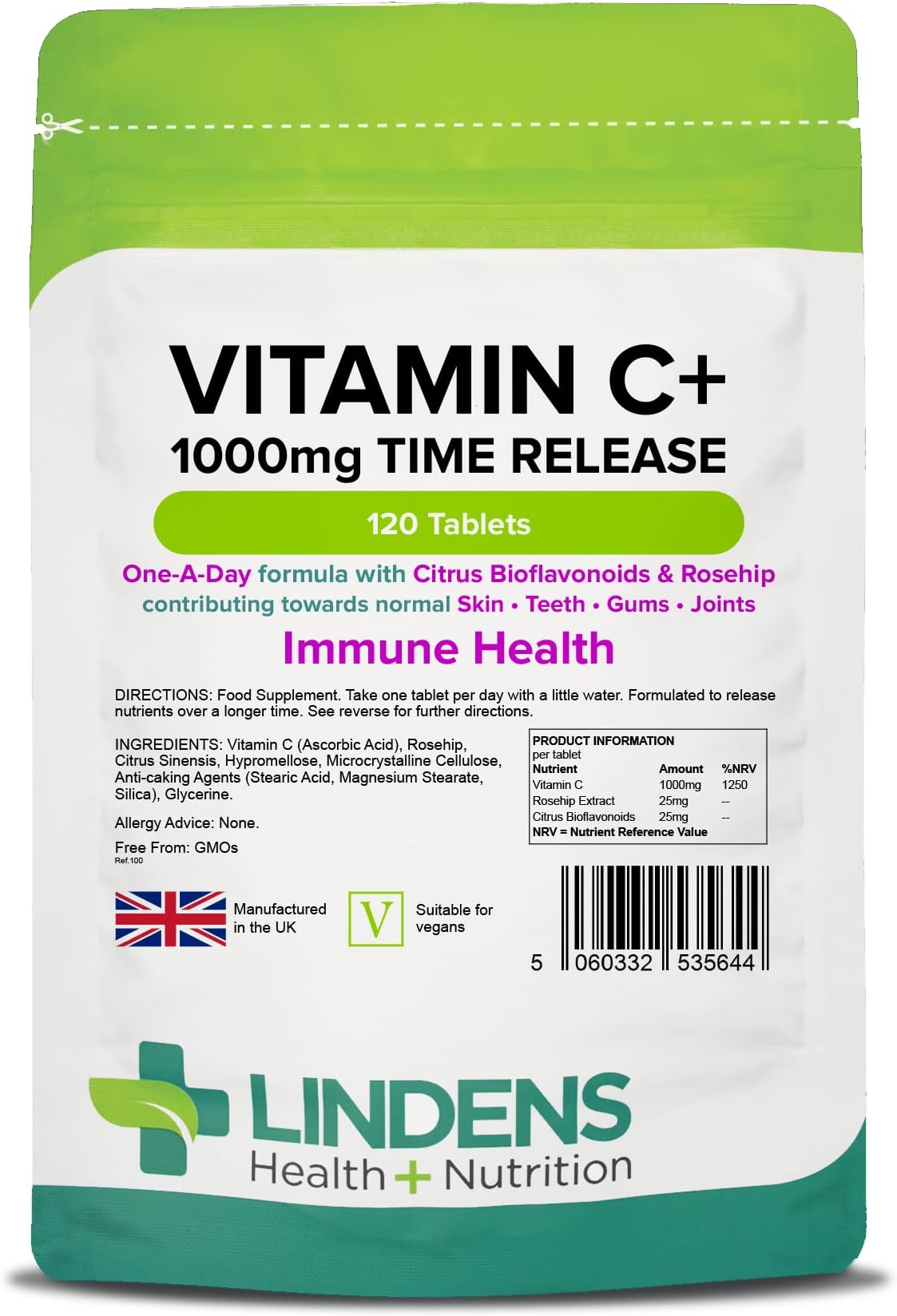 Lindens Vitamin C+ 1000mg - 120 Tablets - Time Release Tablets with Citrus Bioflavonoids and Rosehip - Contributes to Immune System Health, Reduces Tiredness and Supports Healthy Skin and Teeth