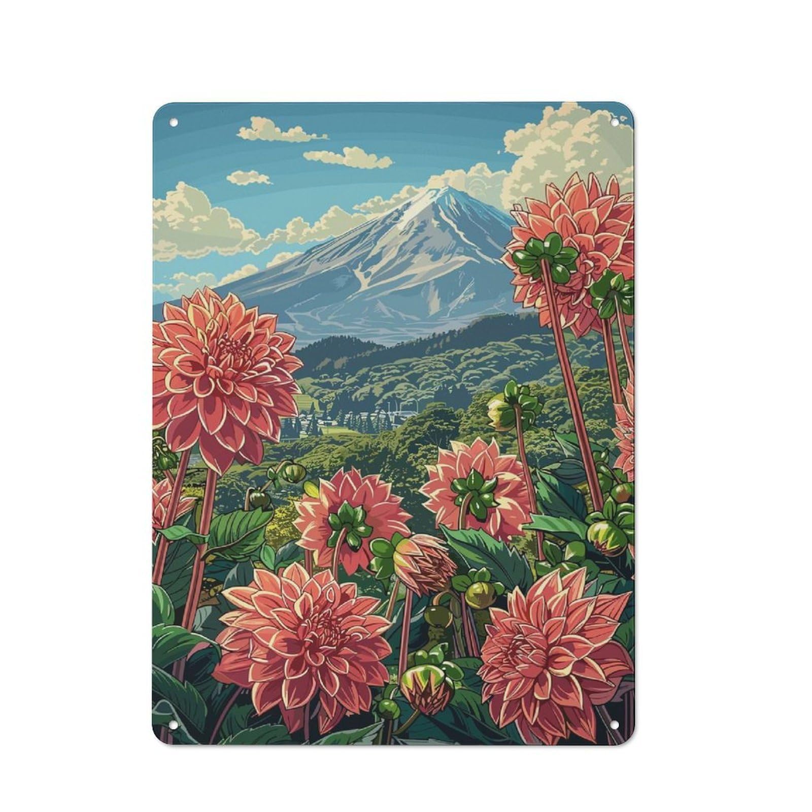 Junmoney Style Vintage Metal Plaque 40X30cm Featuring Mount Fuji & Dahlias, Diner Decor For Restaurant, Kitchen, Counter Or Breakfast Nook