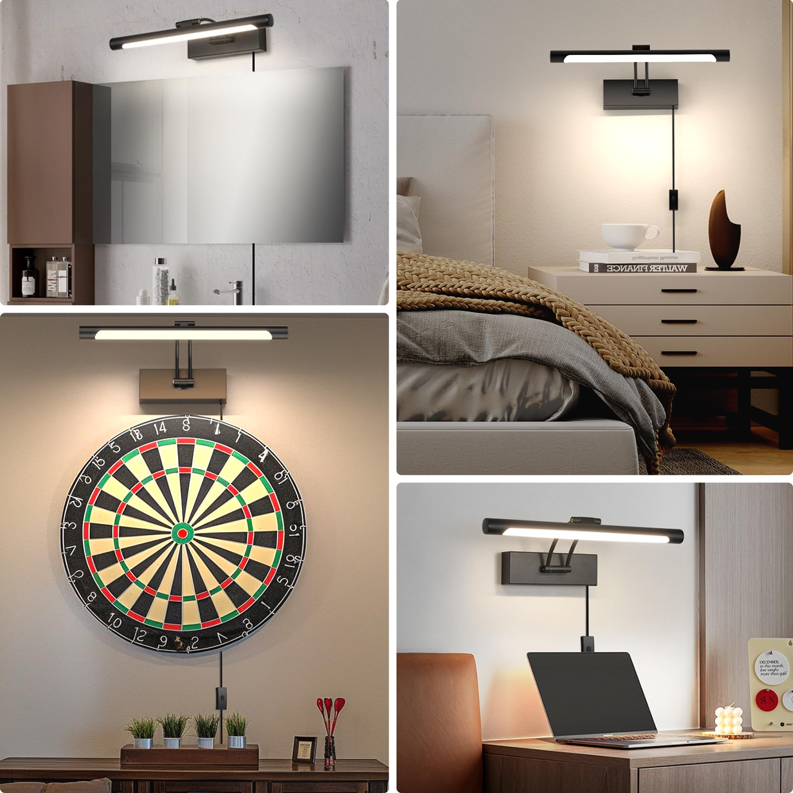 LABOREDUCER Câble d'éclairage pour tableau de 36 cm avec Plug in, 4000 K, éclairage rotatif, éclairage de cadre photo, pour peinture, photo, fléchettes, miroir, noir