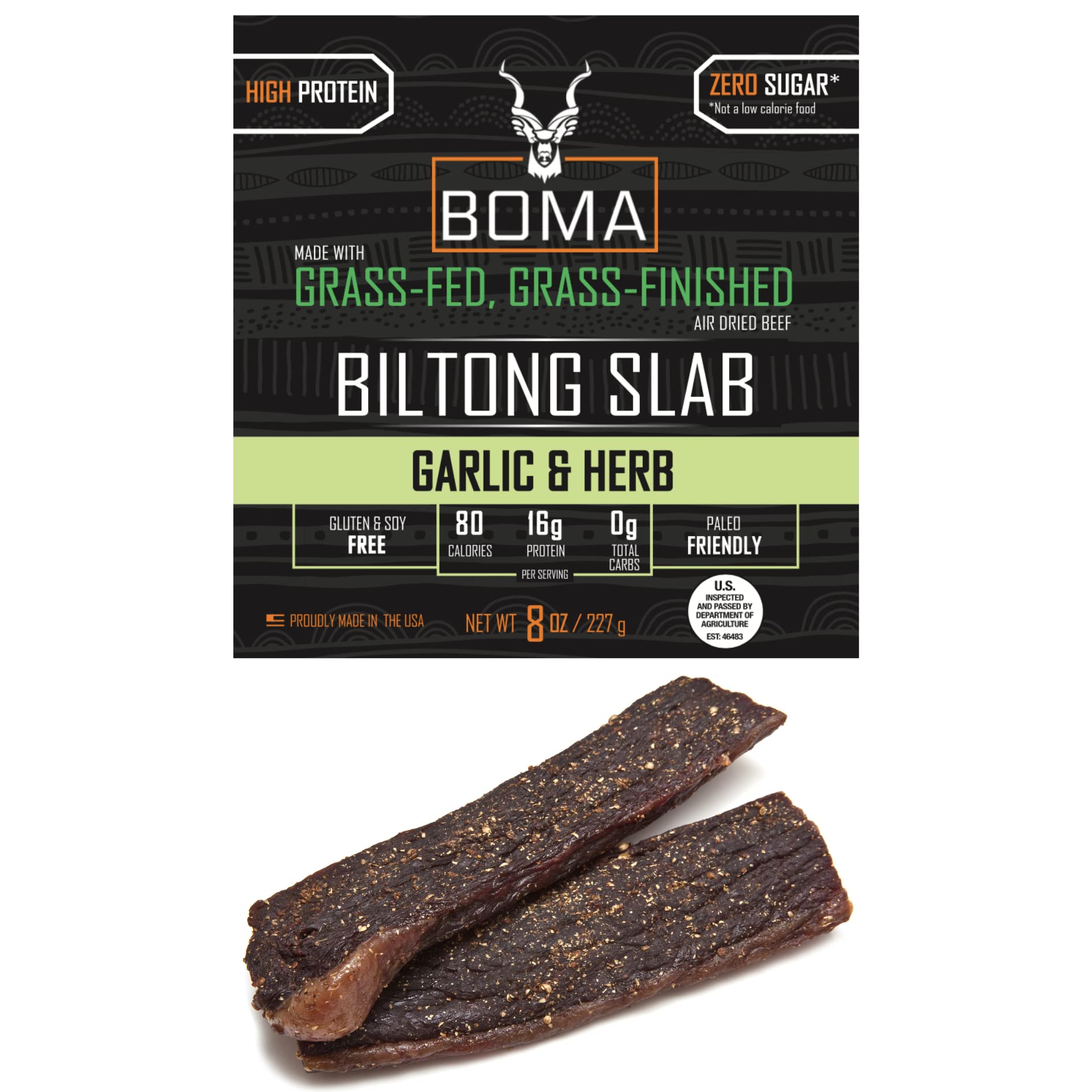 Boma Biltong Slab (Garlic & Herb) - Air-Dried Grass Fed, Grass Finished Beef Jerky Snack | Keto, Paleo, Whole30 Friendly, Carnivore Diet | Charcuterie