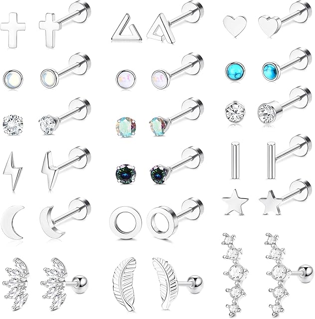 Morfetto 18 Pairs Cartilage Stud Earrings Set for Women Stainless Steel 20G Cartilage Helix Tragus Earrings Tiny Geometric Moon Star Heart Flat Back Stud Earrings Piercing Jewelry