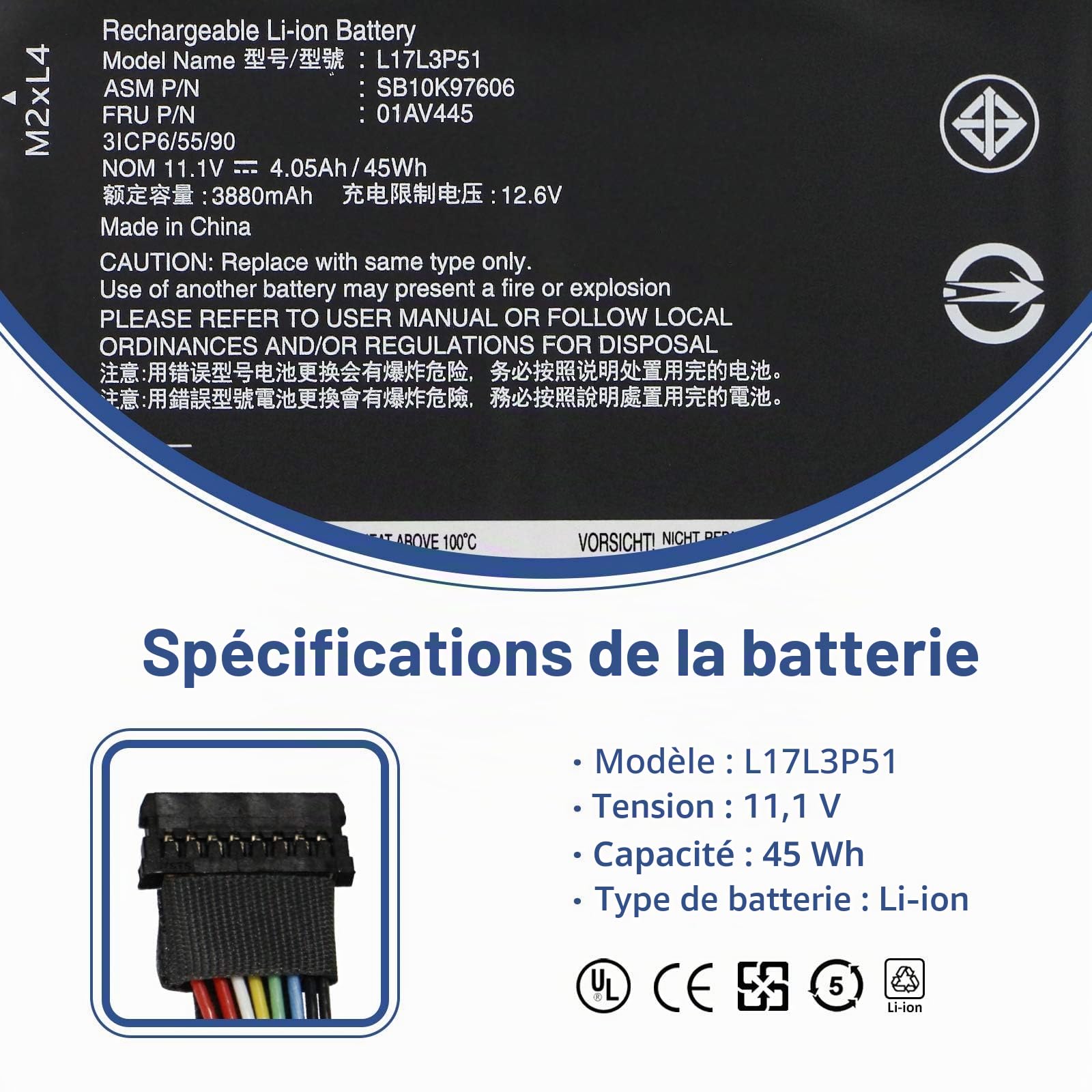 01AV445 L17L3P51 Batterie Compatible with Lenovo ThinkPad E480 E490 E485 | E495 E580 E585 E590 E595 E14 E15 Series SB10K97606 SB10K97608 01AV447 01AV448 L17C3P51 L17M3P52 SB10K97609 11.1V 45Wh