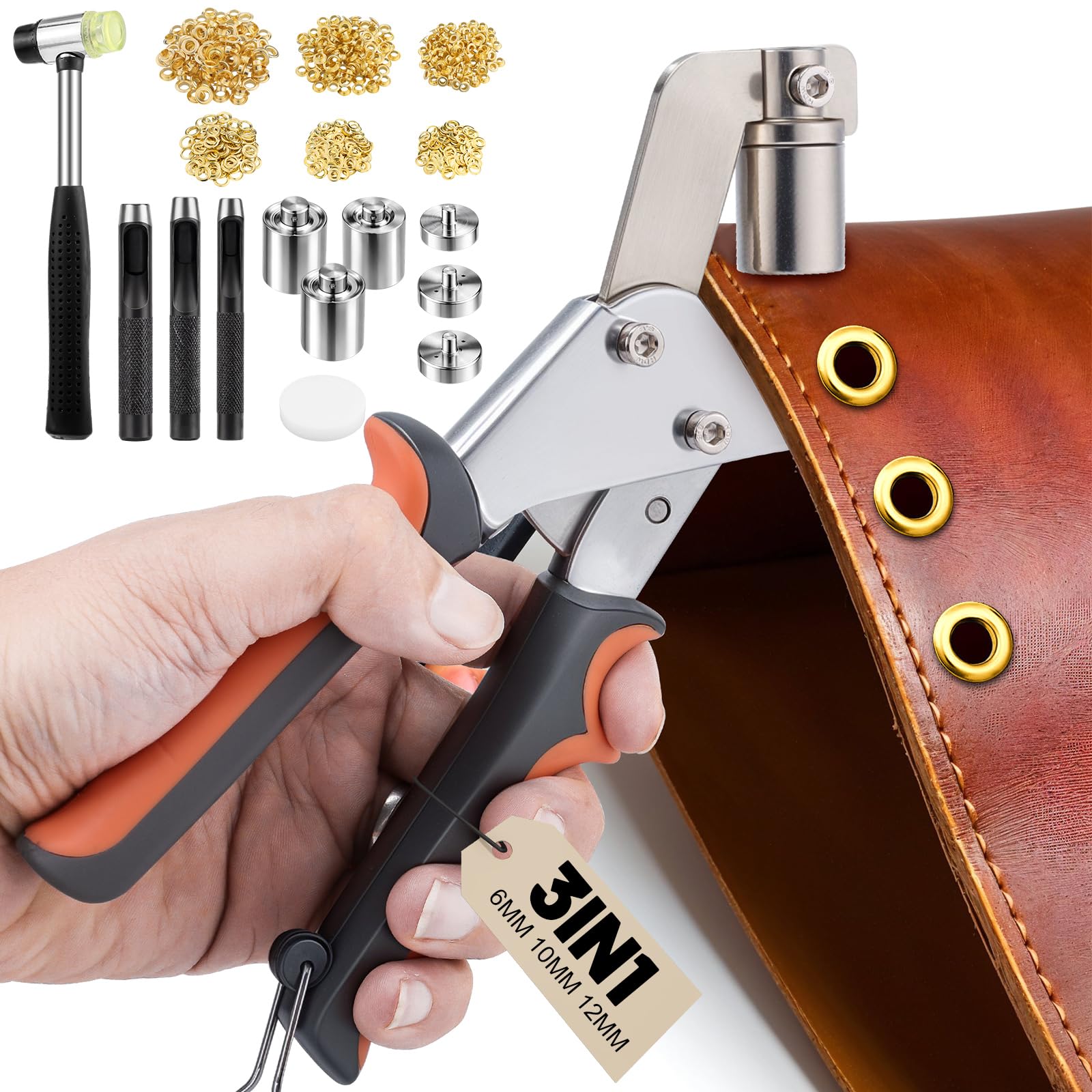 Gyfent Eyelet Punch Kit, 6+10+12mm Grommet Tool Kit with 900 Metal Eyelets and Grommets in Gold Grommet Eyelet Pliers Kit Eyelet Tool for Fabric Leather Belt Shoes Clothes