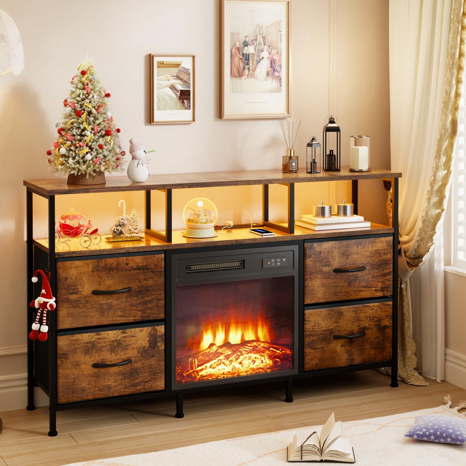 Fireplace TV Stand with 4 Drawers, Black Dresser TV Stand with Power Outlets & LED Lights for 55" TV, Small Entertainment Center with Fireplace with Open Shelf, PU Leather Surface Drawers