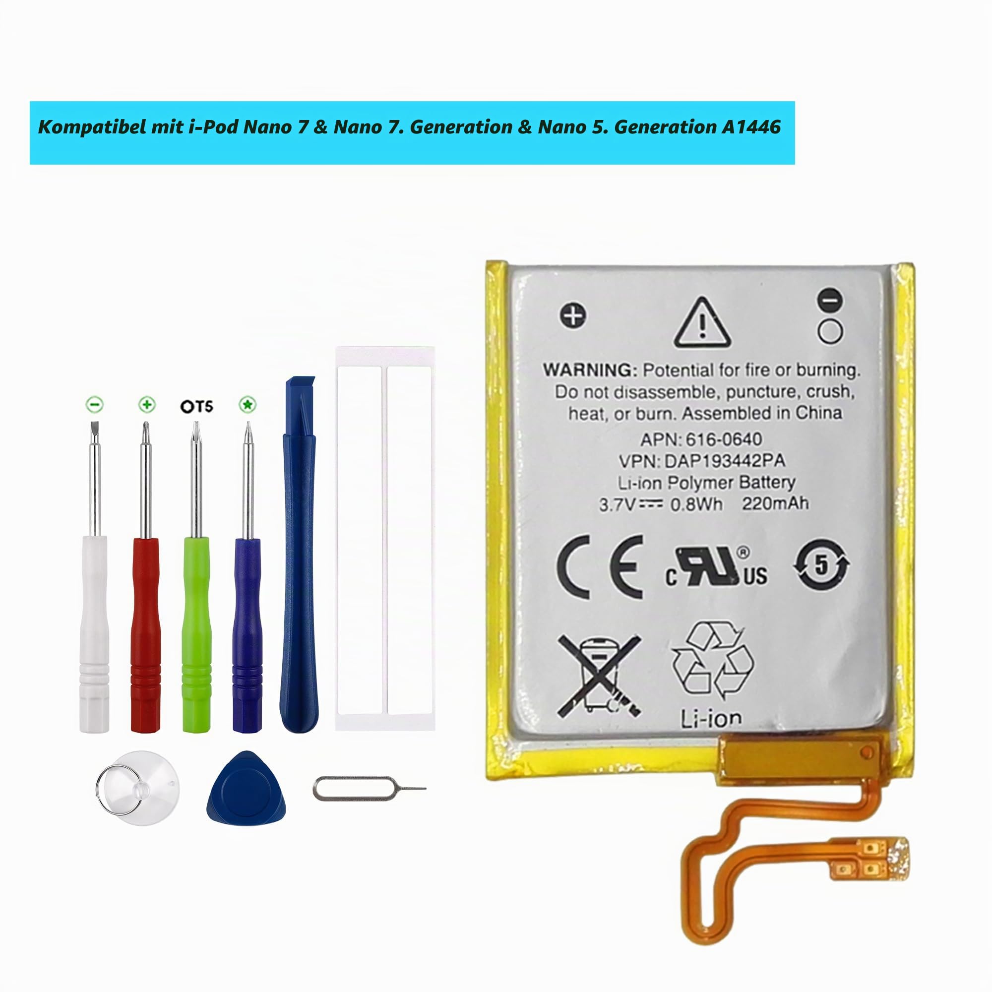616-0640,616-0639 Ersatz Akku Kompatibel Für iPod Nano 7 & iPod Nano 7th & iPod Nano 5th A1446 with Toolkit
