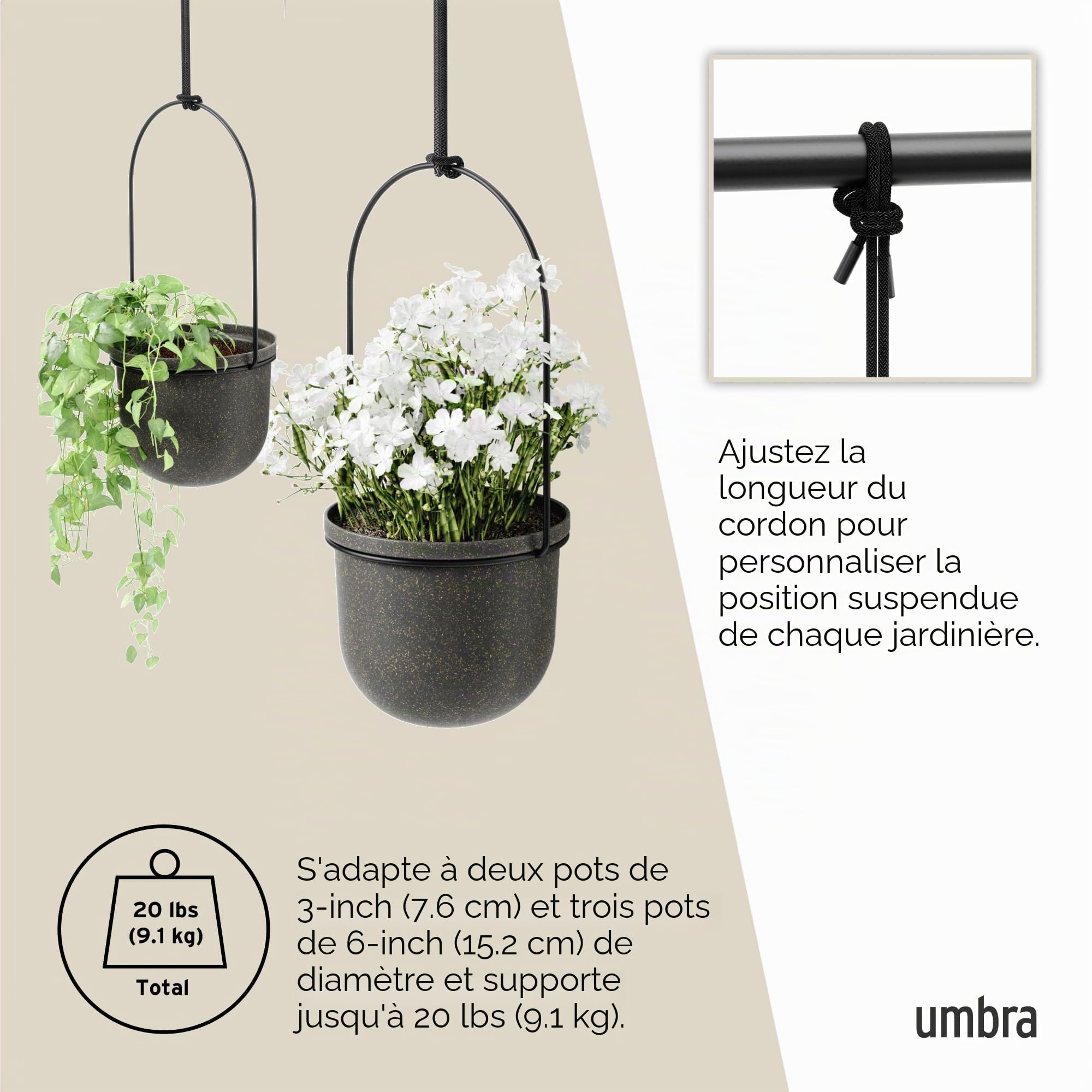 Umbra Triflora Ensemble de 5 pots suspendus, Ajustable Jardinière d'intérieure Suspendue avec Rails, Noir