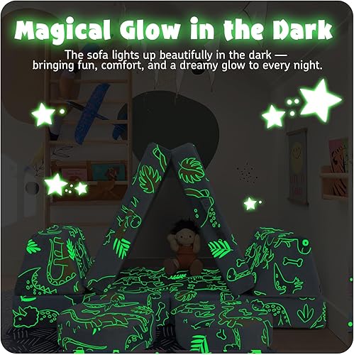 Miniatura 81 de MeMoreCool Sofá modular para niños de 1 a 3 años, 8 piezas de dinosaurio que brilla en la oscuridad, sofá de espuma para niños, juego convertible