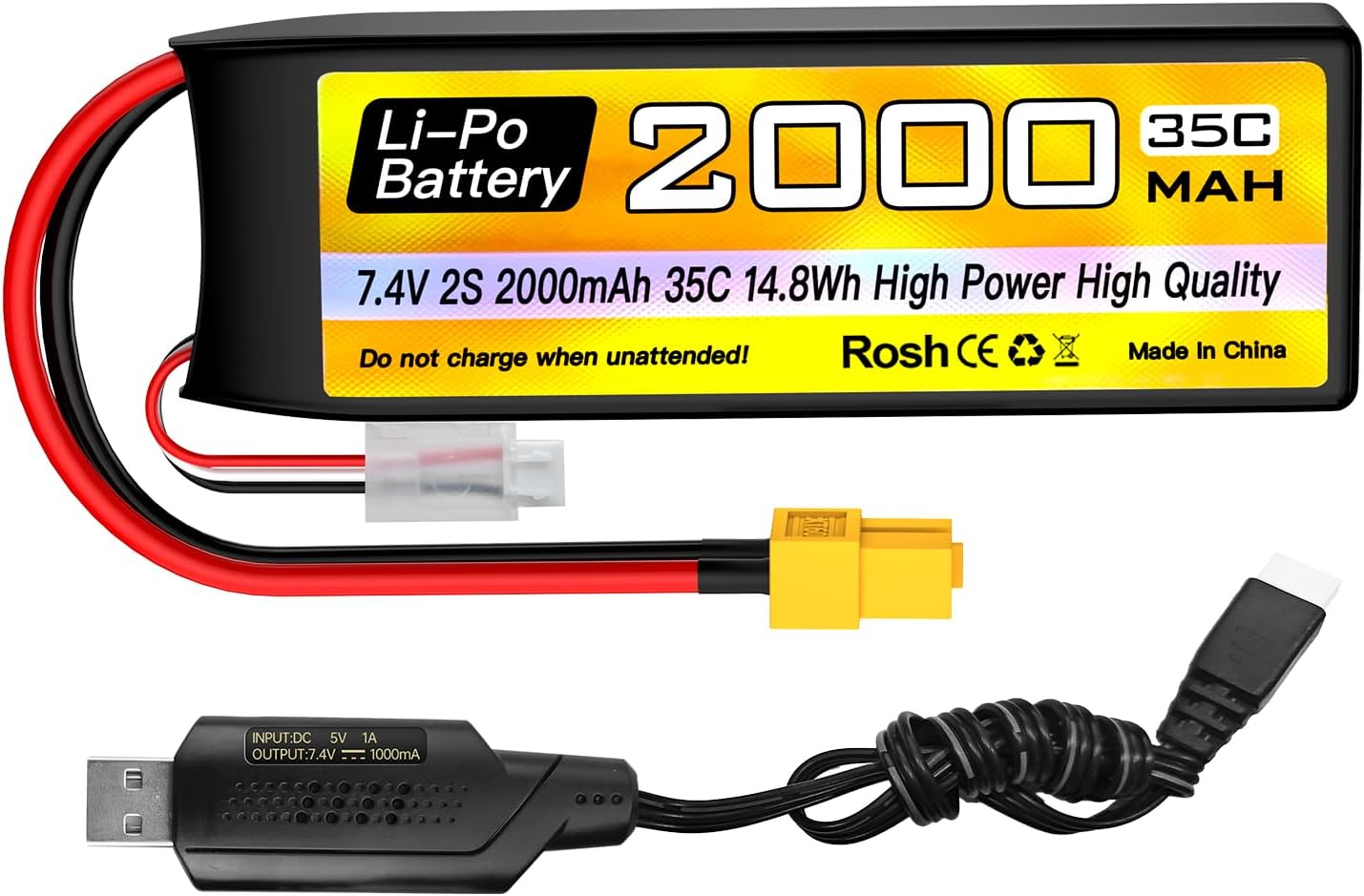 sea jump 2S Lipo Battery 7.4V 2000mAh 35C with XT60 Plug and USB Charging Cable Suitable for RC Car, Truck, RC Boat, Quadcopter Aircraft, FPV Drone Battery
