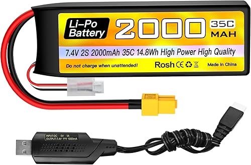 sea jump 2S Lipo Batería 7.4V 2000mAh 35C con enchufe XT60 y cable de carga USB adecuado para coche RC, camión, barco RC, avión cuadricóptero,