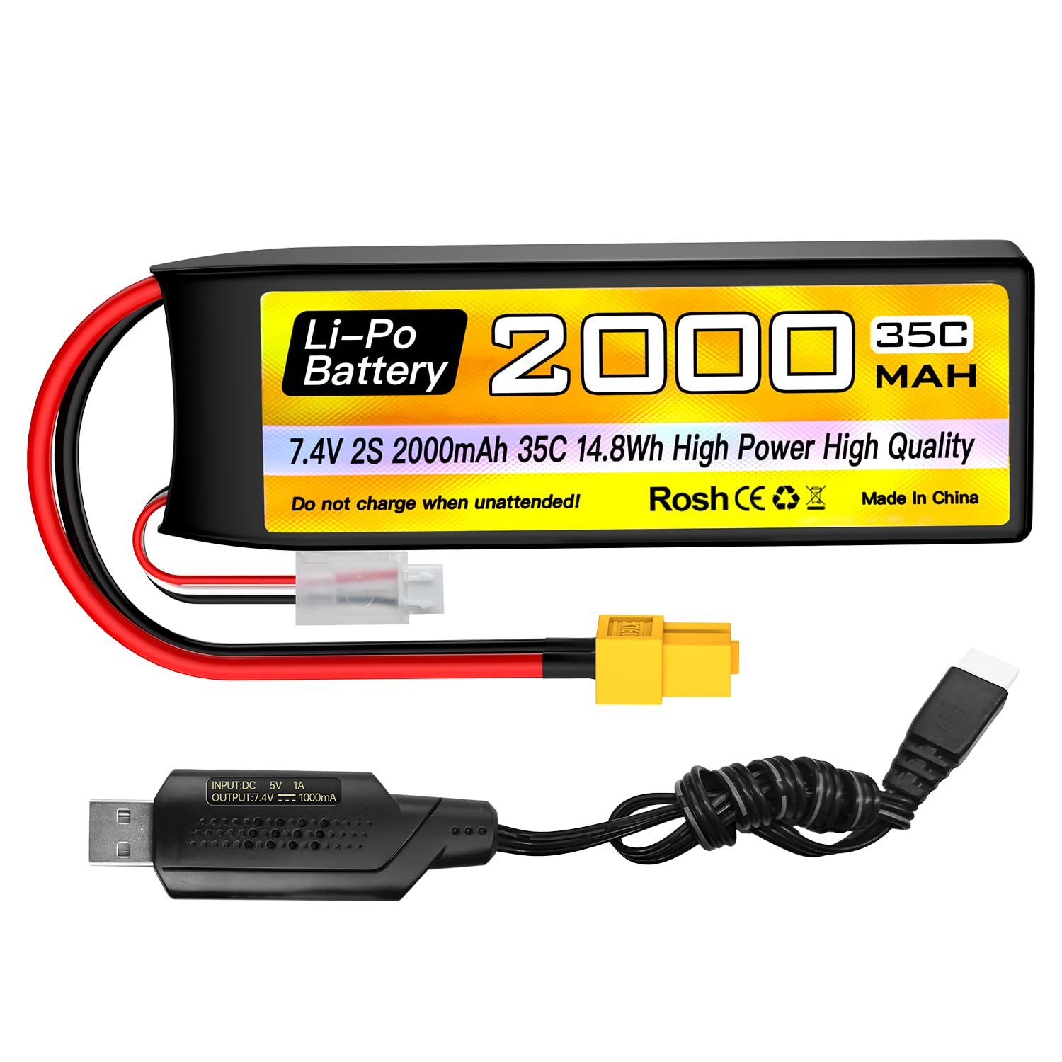 ZYGY 2S Lipo Battery 7.4V 2000mAh 35C with XT60 Plug with USB Charging Cable for RC Car Truck RC Boat RC Quadcopter FPV Drone Battery