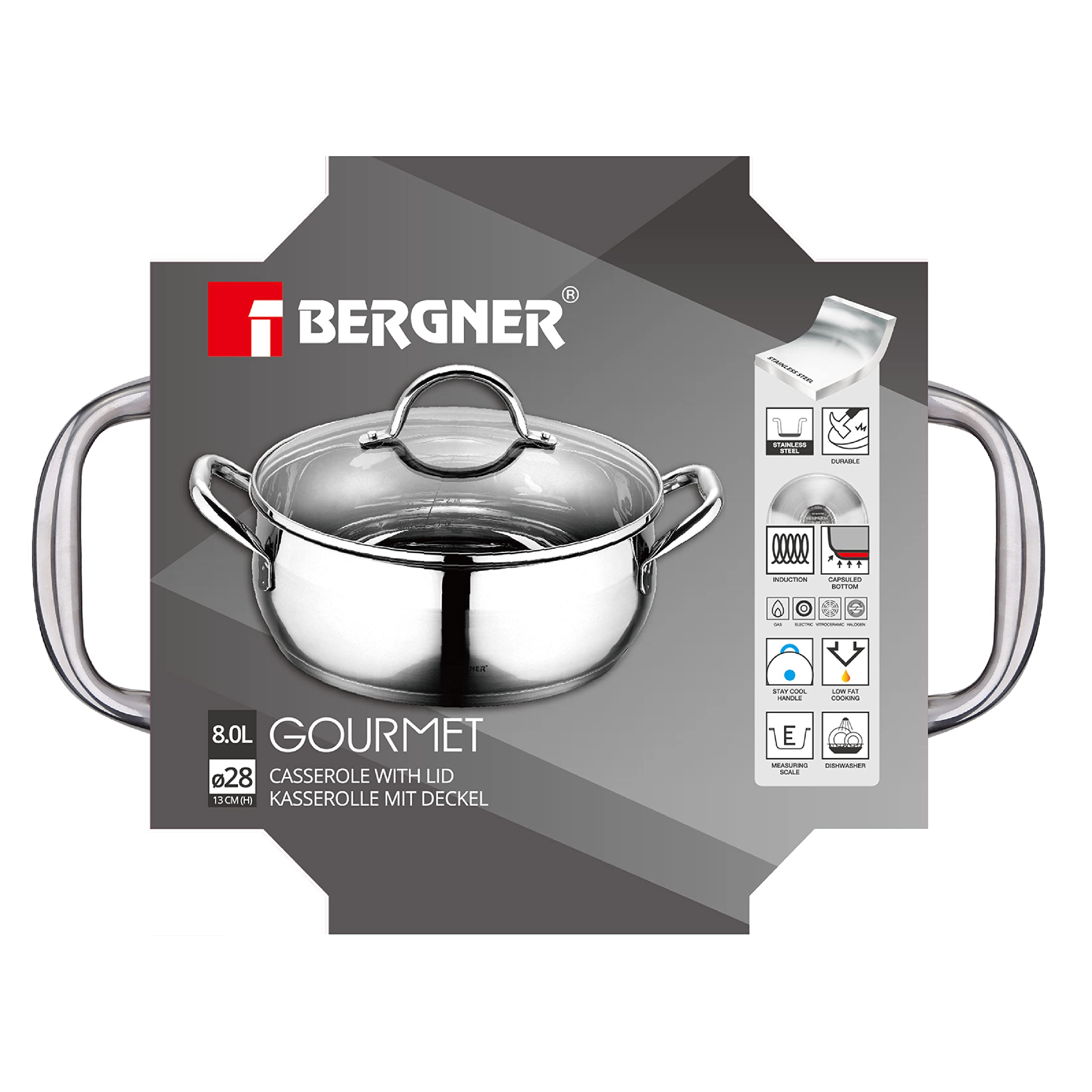 BERGNER Gourmet | Casseruola di Cucina con Coperchio di Vetro | Capacità 8 L | Fabbricata in Acciaio Inox | Manici Ergonomici | Utensili da Cucina | Per Tutti i Piani Cottura