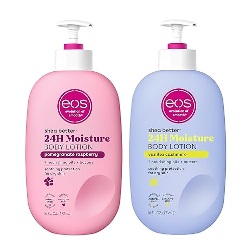 Paquete de loción eos Shea Better Body - Vanilla Cashmere + Granada Frambuesa, Cuidado de la piel con humedad las 24 horas, ligera y no grasosa,