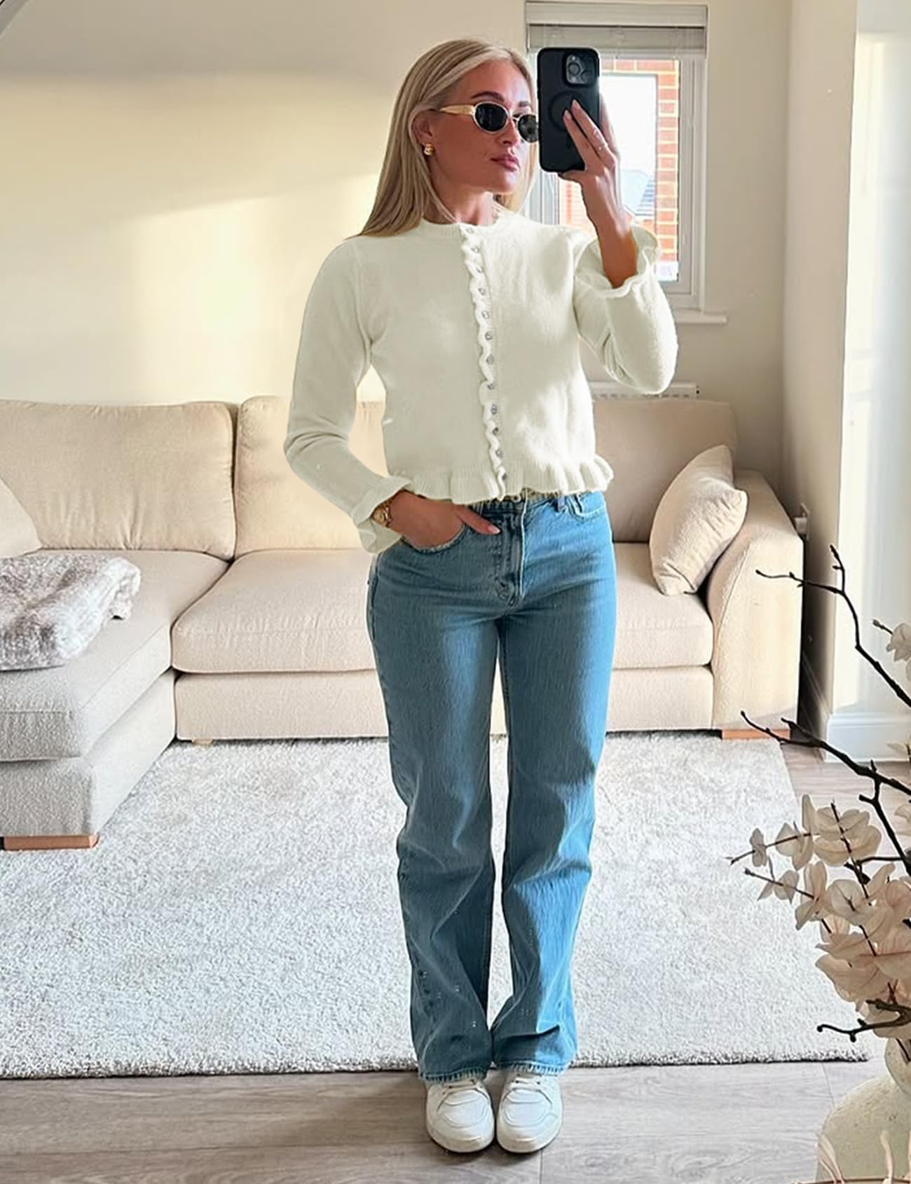 Wyeysyt Cropped-Strickjacke für Damen, Rüschensaum, Rundhalsausschnitt, Knopfleiste, Strickpullover, langärmelig, weiche Strickjacke