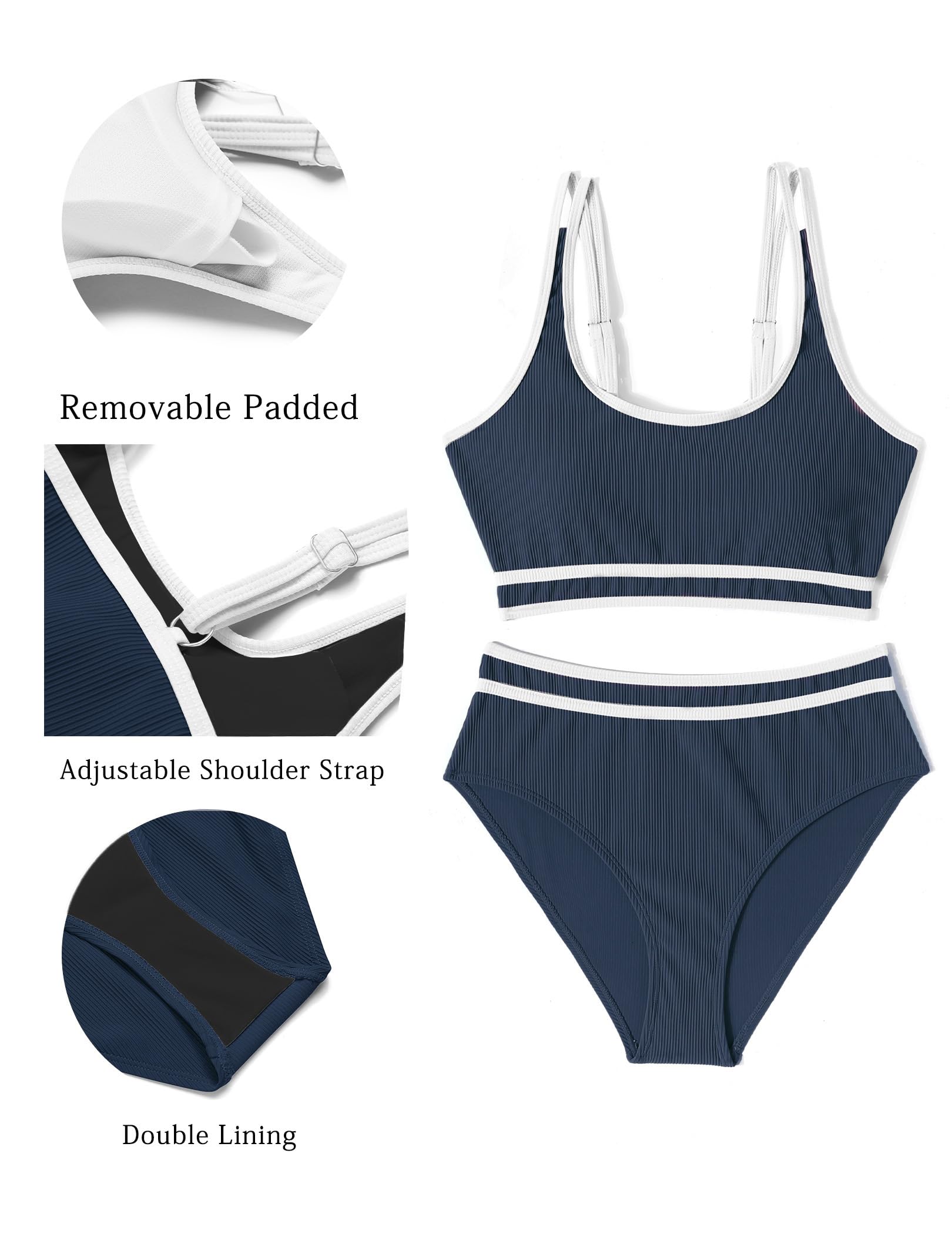 Ekouaer Bikini Damen Set Bauchweg Zweiteiliger Badeanzug Sport Bikini-Sets High Waist Bademode Push Up Gerippt
