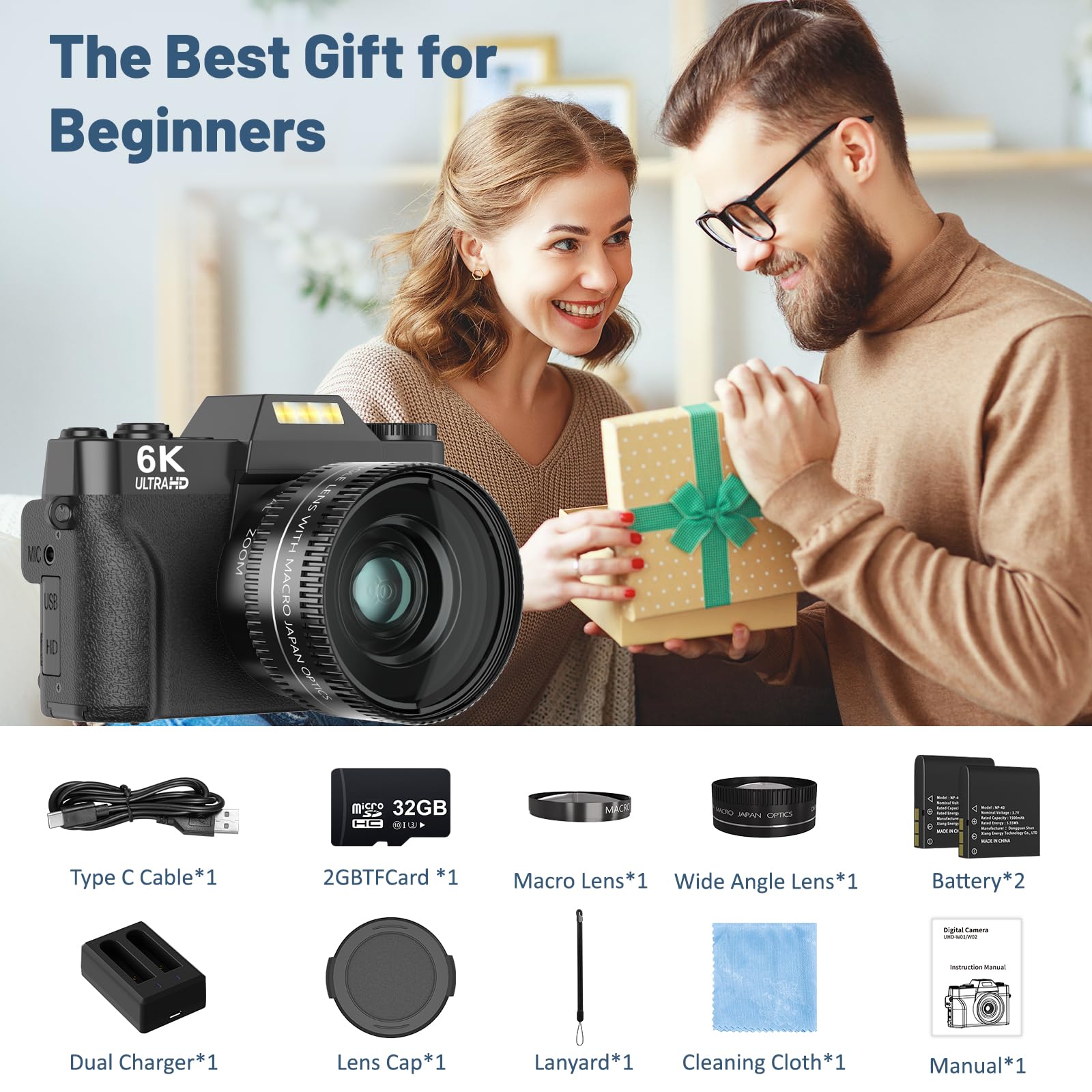 Cámara digital 6K para fotografía, cámaras de vlogging WiFi de 64 MP para YouTube con pantalla abatible de 3 pulgadas y 180°, zoom digital de 16X, enfoque automático, cámara de viaje con tarjeta SD de