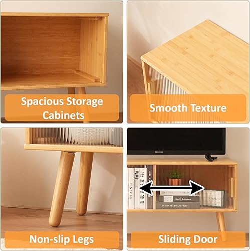 Miniatura 9 de Soporte de TV de bambú para televisores de hasta 50 pulgadas, centro de entretenimiento con 2 puertas corredizas de acrílico para consola de juegos,