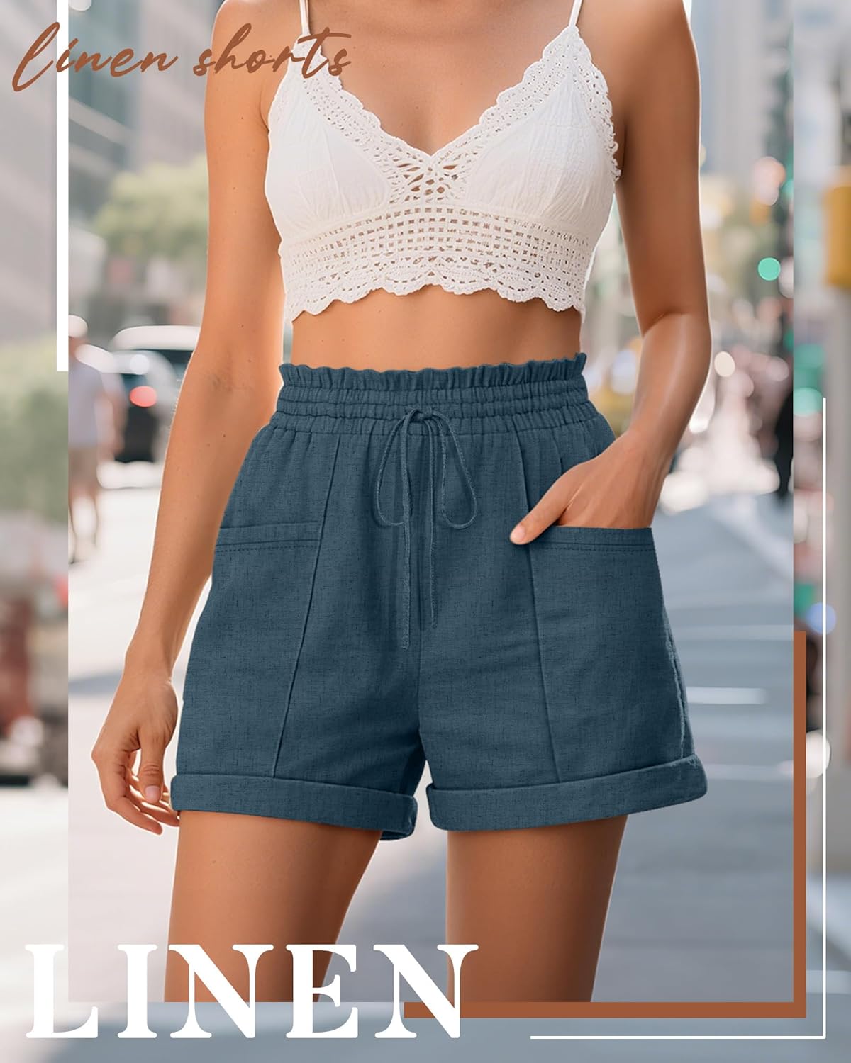 Women's Linen Shorts, Casual Ruffle High Waisted Drawstring Wide Rolled Leg Summer Lounge Shorts with Pockets - Image 3
