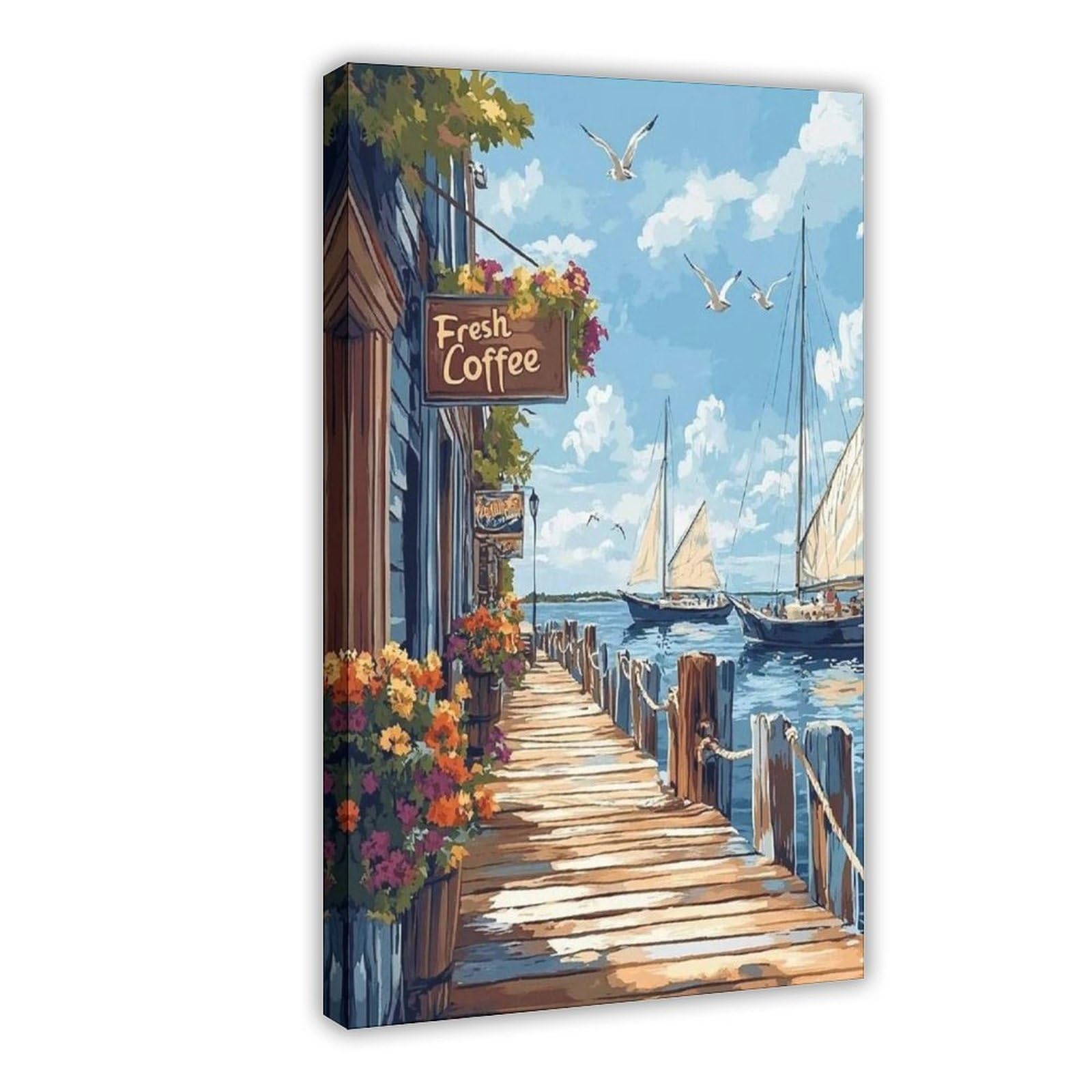 Newport Harbor Boardwalk Coffee Shop, Segelboot und Hummershack, Leinwand-Poster, Schlafzimmer, Dekoration, Landschaft, Büro, Raumdekoration, Geschenk, 61 x 91,4 cm (L x B)