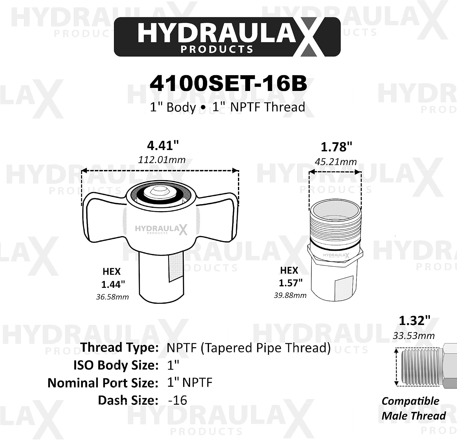 1" Wet Line Hydraulic Coupler/Coupling Wing Nut Quick Disconnect Set