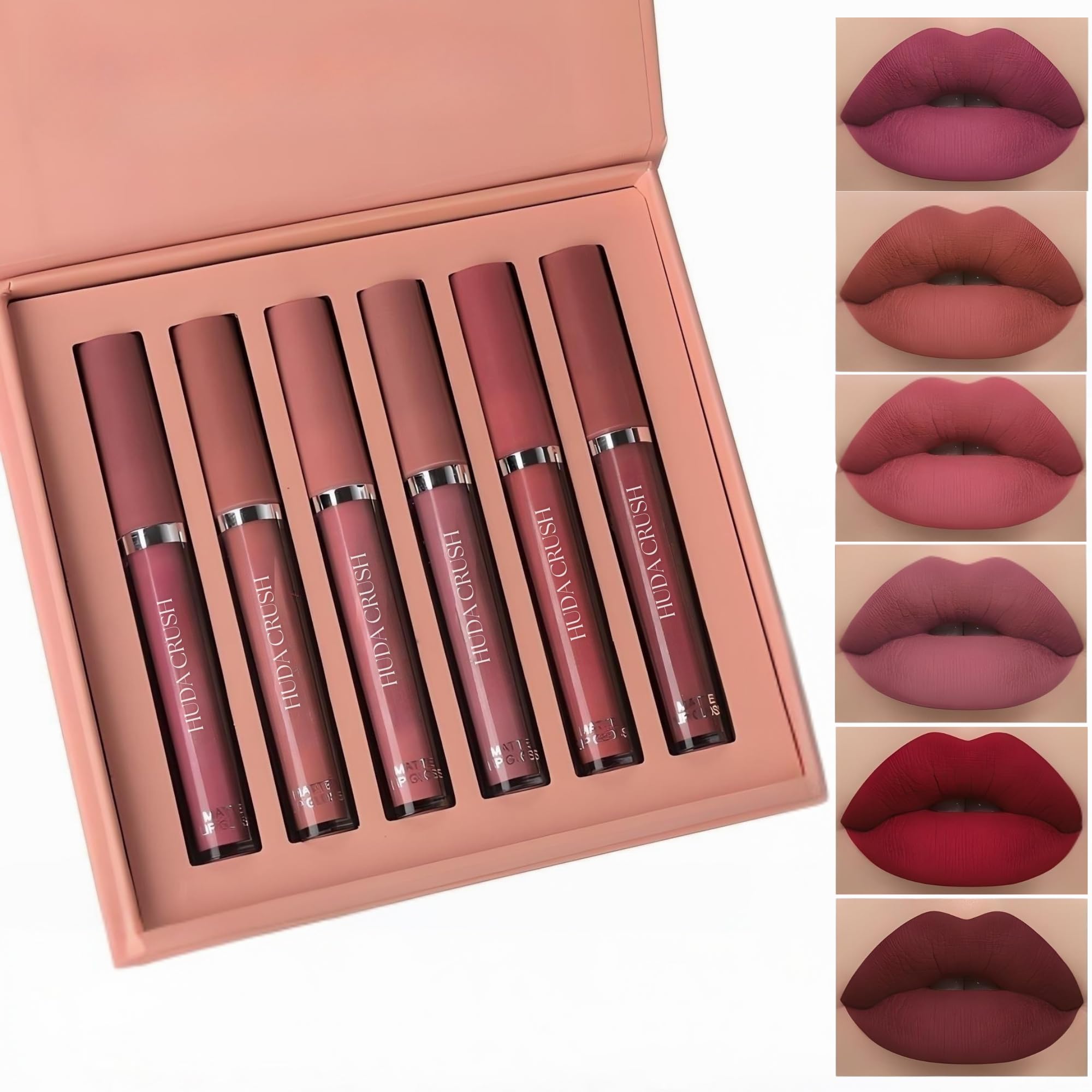 HUDA CRUSH 6-Piece Liquid Matte Nude Lipstick Set - Velvet Waterproof Mini Lipsticks for Women, Non-Stick Formula