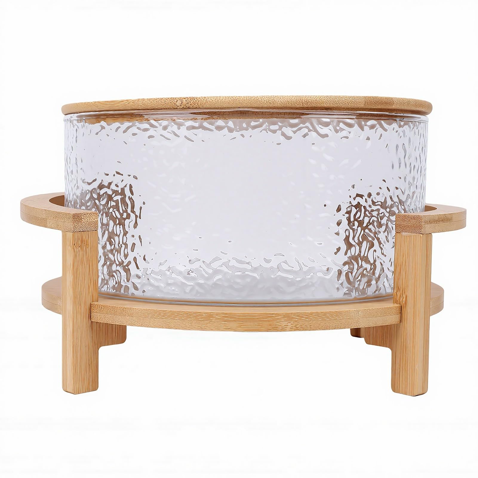 Bewinner Cuenco de Vidrio con Base de Madera, Juego de Ensaladera de Gran Capacidad, 4,3 L con Tapa para Servir Frutas, Postres, Fiestas y Cenas