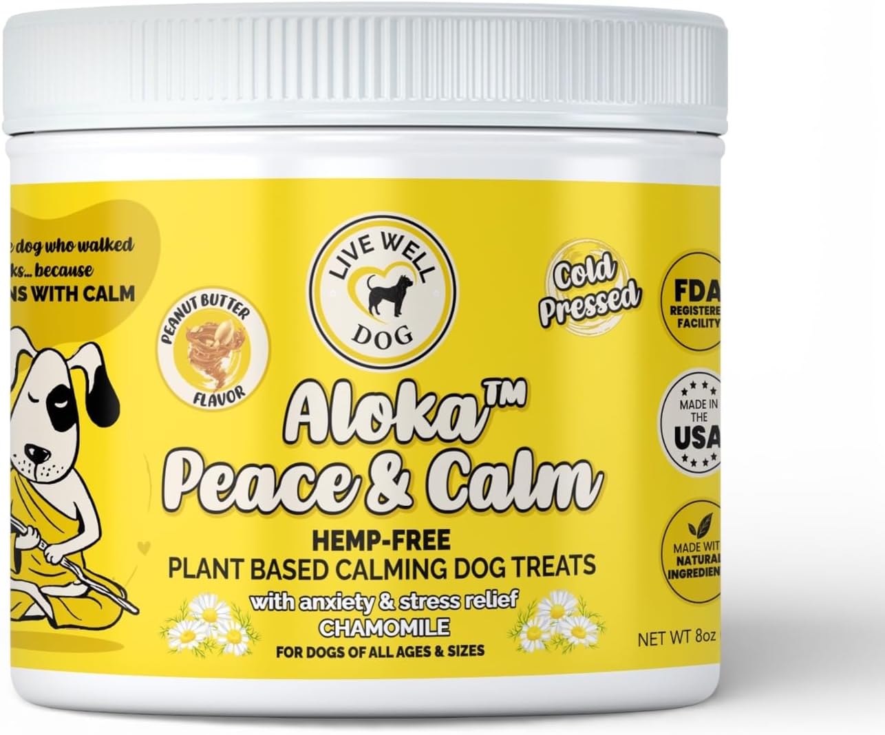 Aloka Peace & Calm Hemp-Free Plant Based Calming Dog Treats with Chamomile, Valerian Root, Passion Flower, L-Tryptophan, Peanut Butter Flavor, 8oz, 120 Count Plant- Based