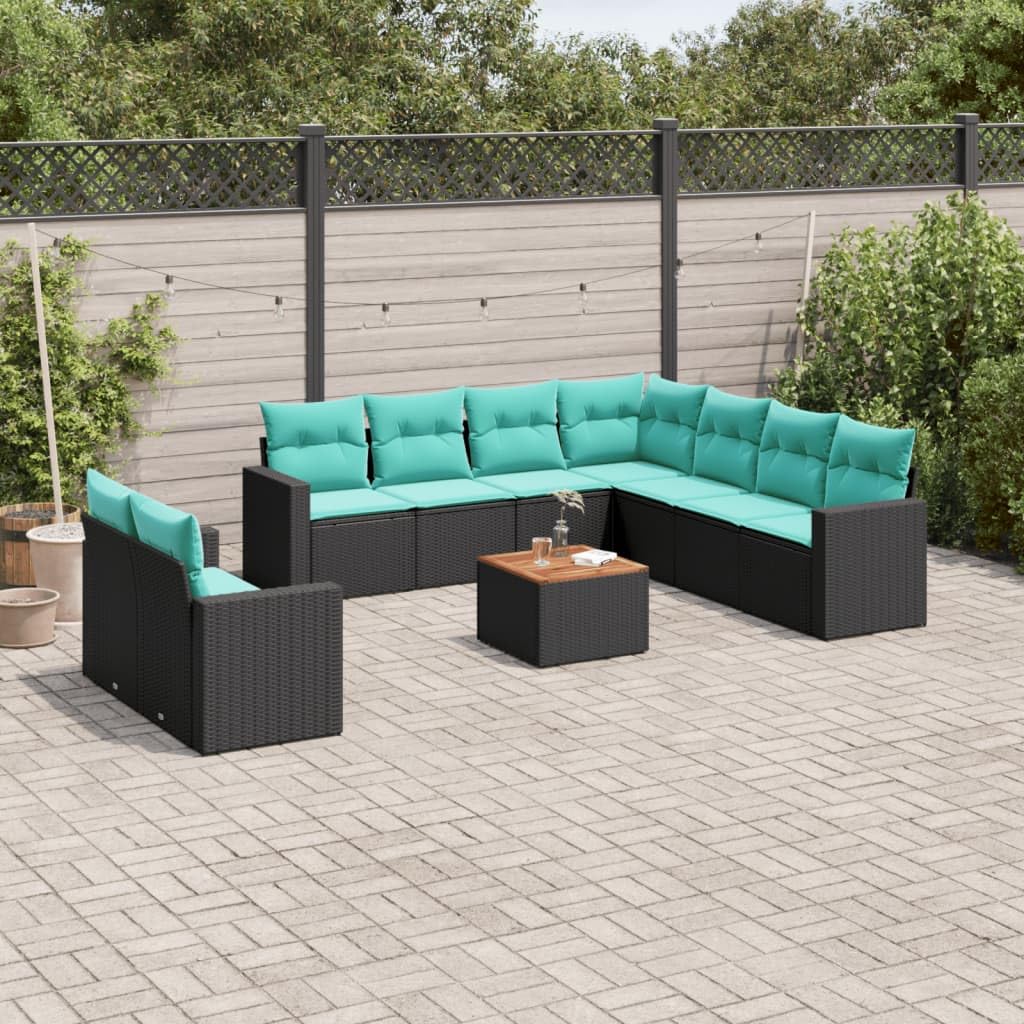 Set di 10 divani da giardino in polyrattan nero con tavolo | Salotto modulare in rattan per balcone, terrazza e giardino: con pratico vano portaoggetti sotto le sedute e tavolo in legno