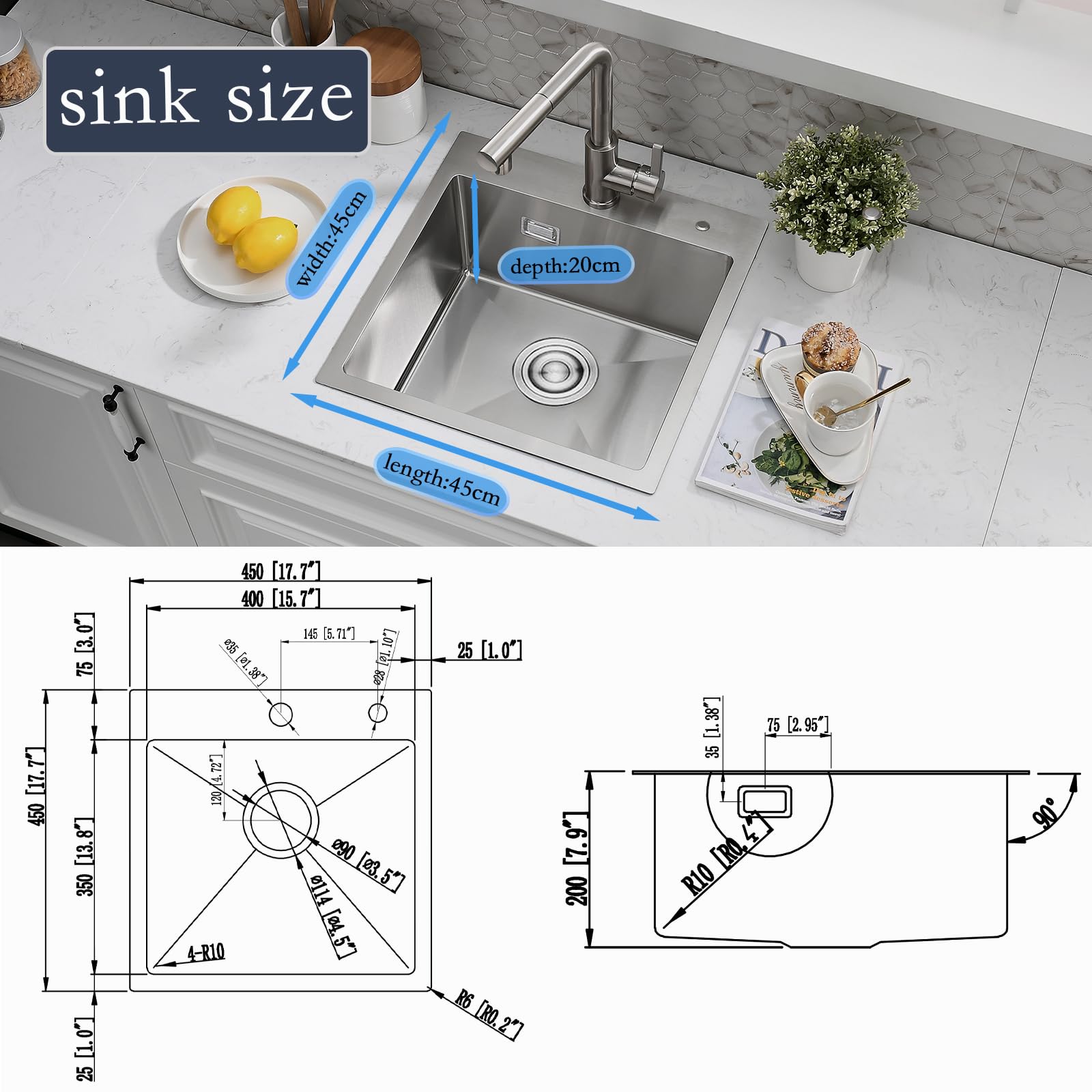 Fregadero Cocina 45x45cm Con Cesta de Filtro Extensible, Cepillado | Compatible Montaje Sobre y Bajo Encimera, Fregadero 1 Seno de Acero Inoxidable, Ideal para Cocinas y Apartamentos