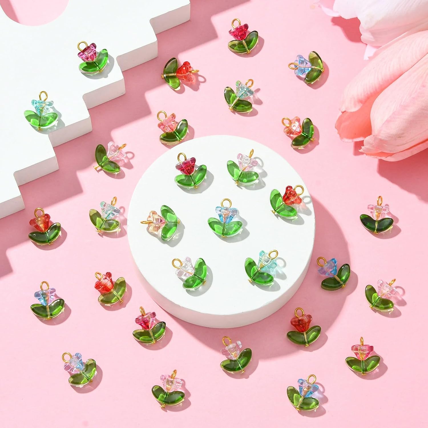 LiQunSweet 120 Pcs 6 Colors Petunia Flower Glass Charms Morning Glory Floral with Leaf Crystal Charms for DIY Jewelry Earrings Necklace Craft Decoration