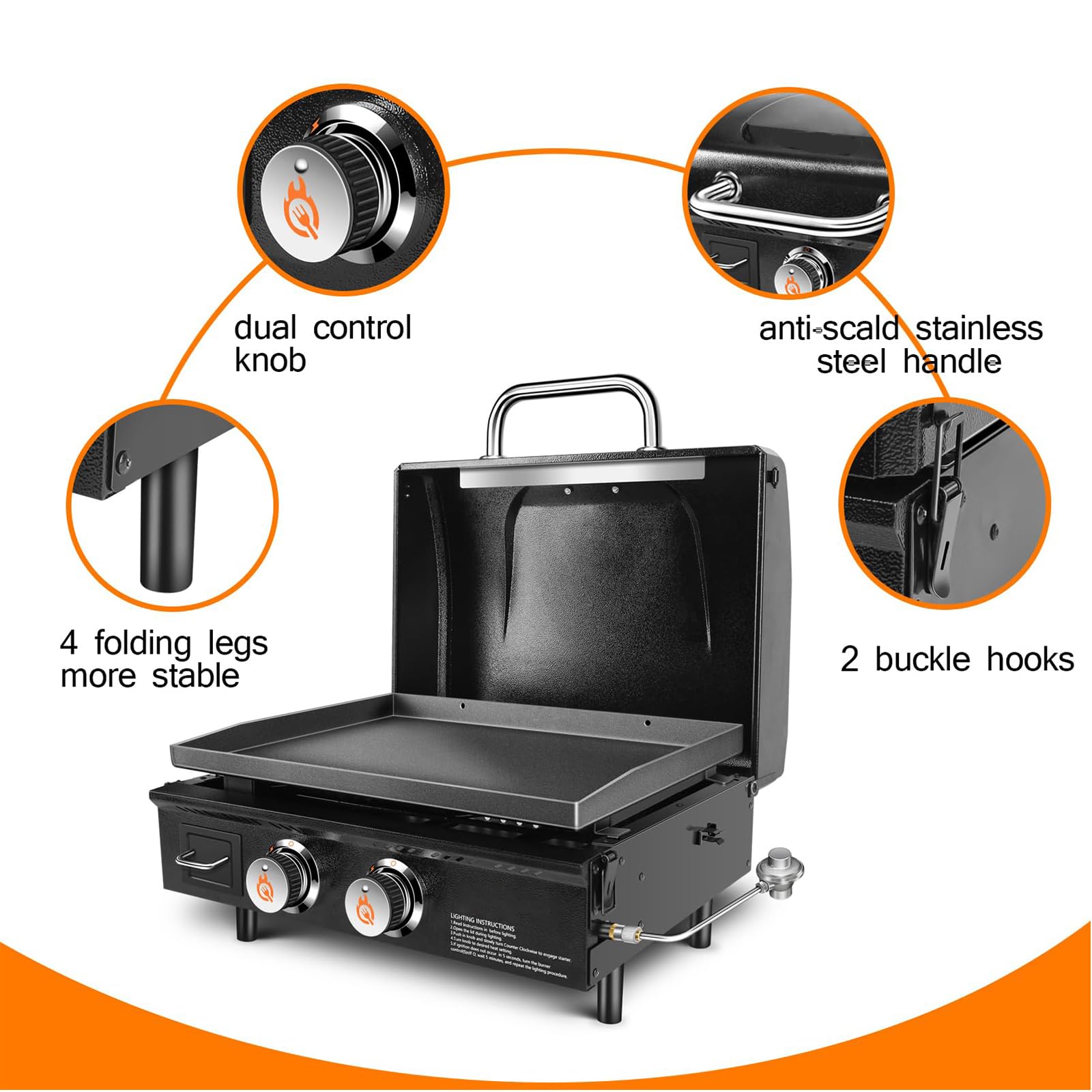 GFTIME Tischgasgrill mit 2 Brenner, Grillplatte Plancha Gasgrill mit flacher Oberseite Grillplatte Propangrill mit Tragetasche 22 Zoll, 48.000 BTU, Keramik-antihaftbeschichtete Grillplatten mit Haube