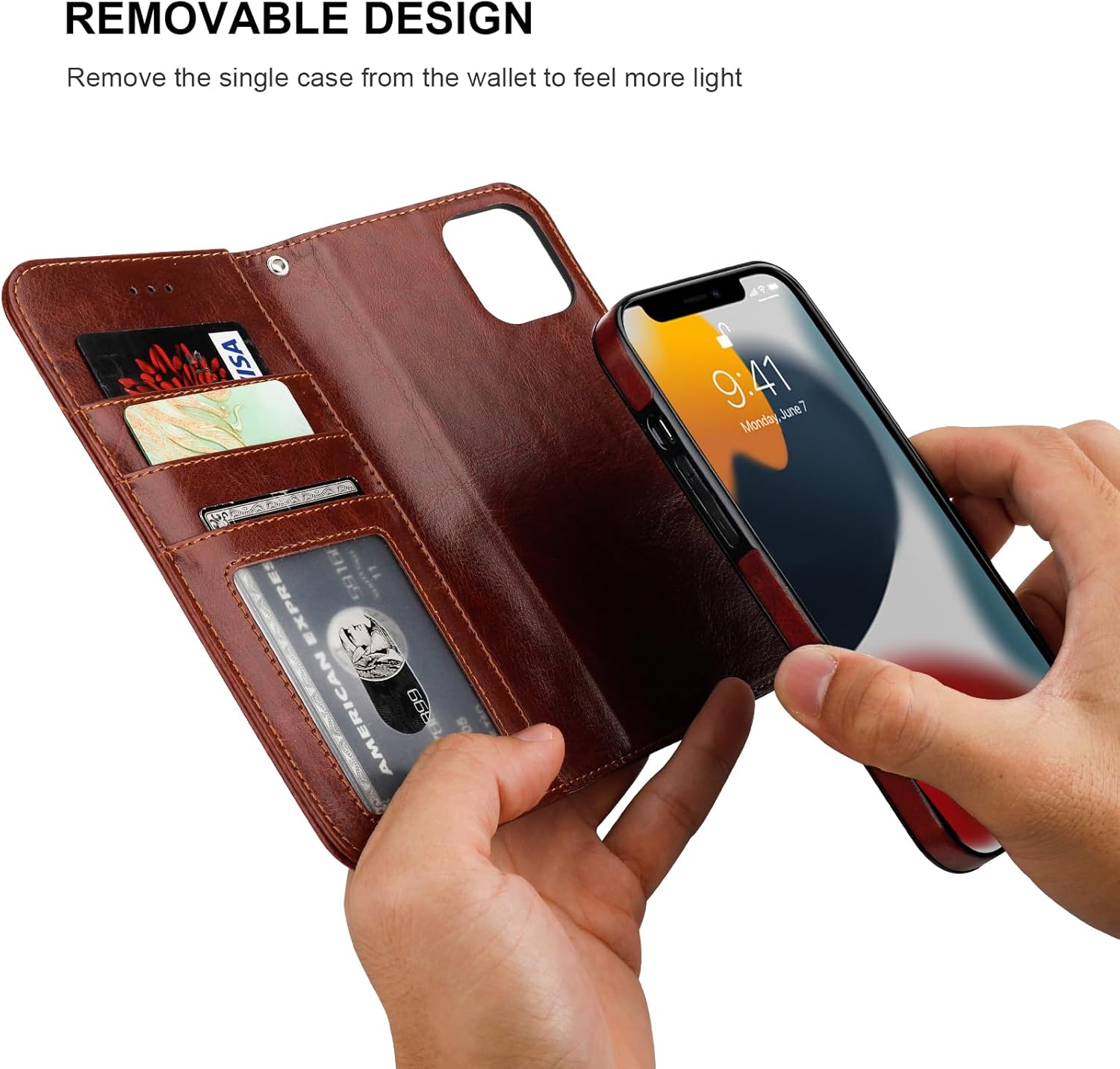 Bocasal for iPhone 13 Wallet Case Compatible with MagSafe Wireless Charging, RFID Blocking Magnetic Leather Case with Card Slots Holder Kickstand Detachable Wrist Strap 6.1 Inch (Brown) - Image 3