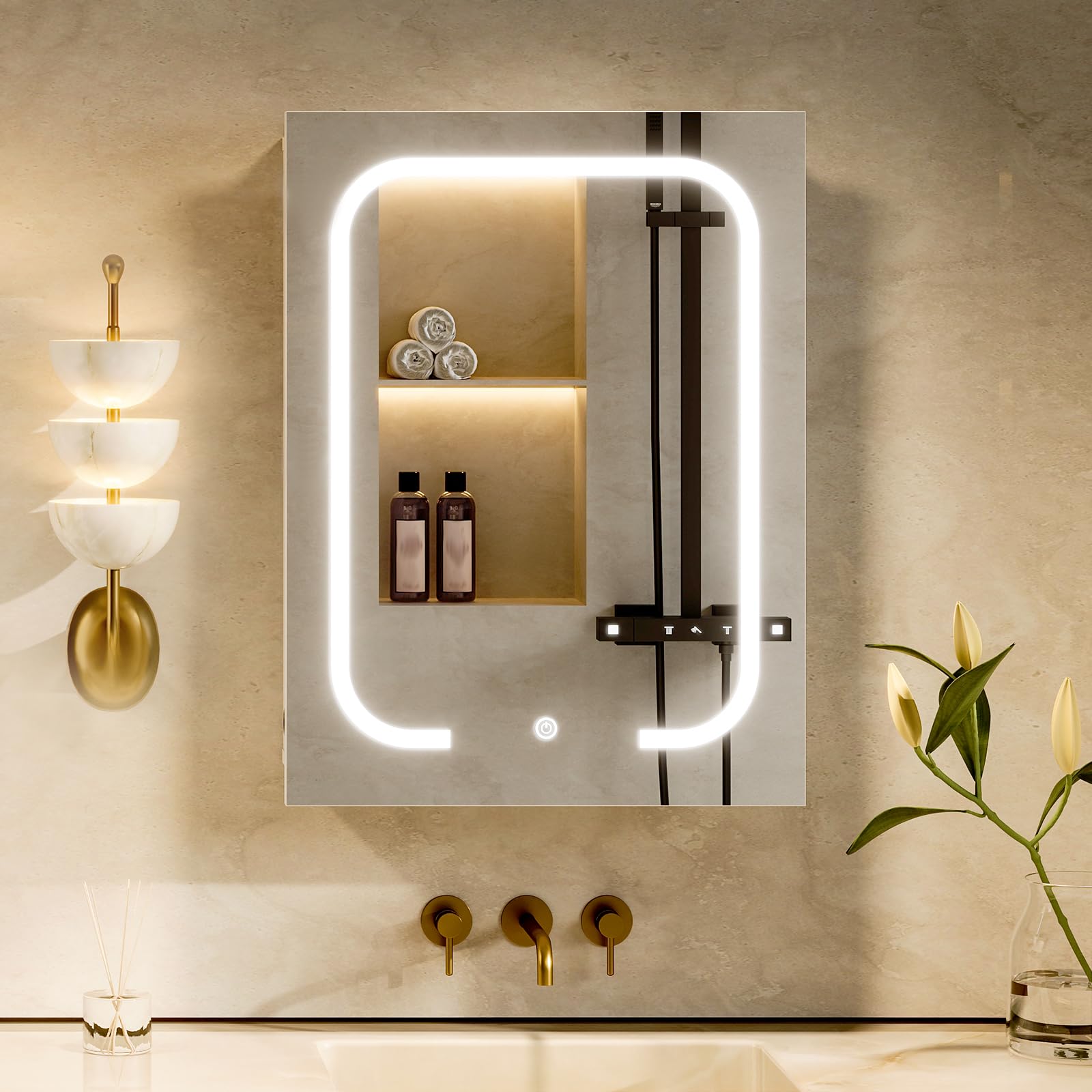 CHOEZON Armario de Baño con Espejo e Iluminación, 3 Temperaturas de Color, Armario de Pared de 45 x 60 cm con Estantes Ajustables, Puerto USB, Interruptor Táctil, Blanco