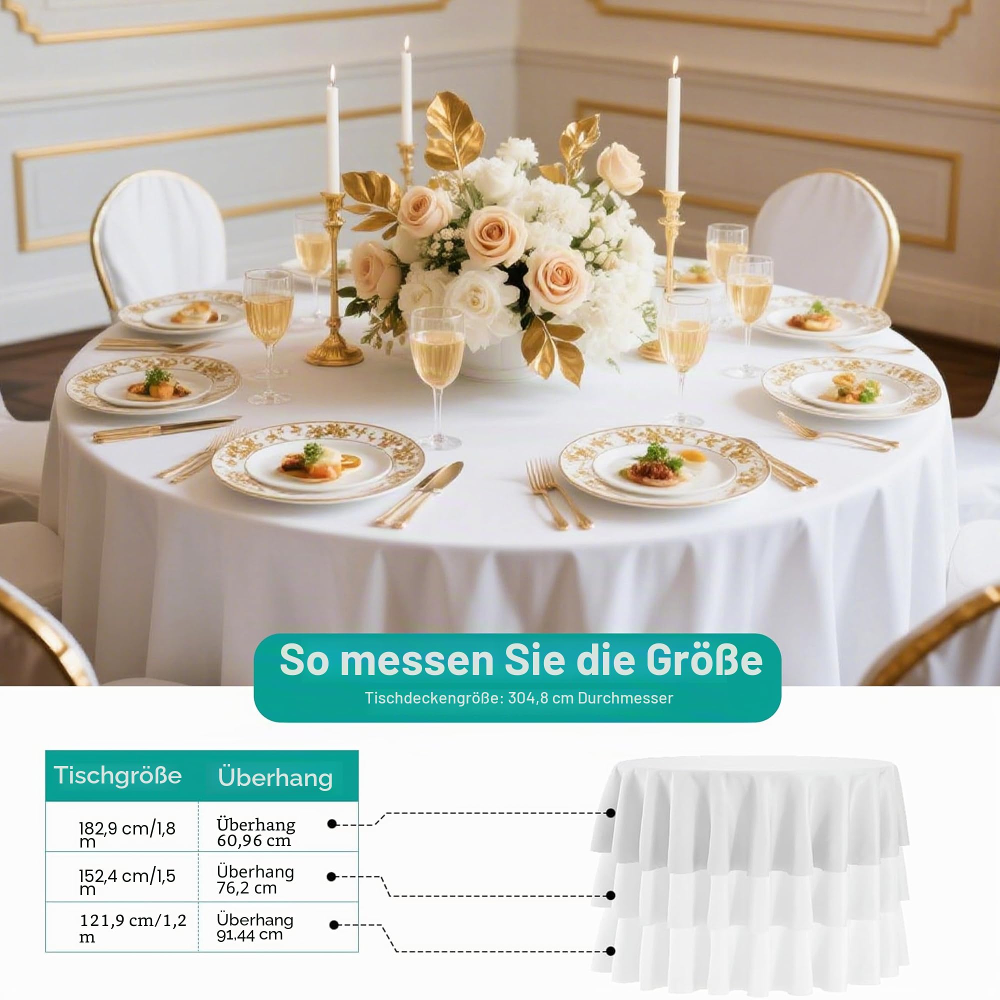 EMART Runde Tischdecke Weiß 6 Pack, 304cm Tischtuch White Round Tablecloth | Polyester, Stain, Resistant, Washable, Hochzeit Dekoration, Wedding, Party, Banquet