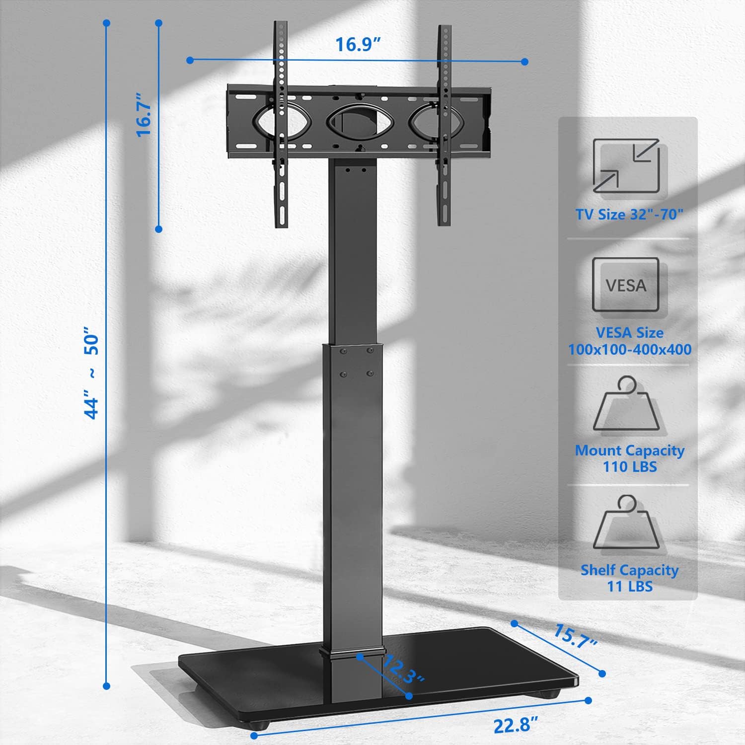 Floor TV Stand with Swivel Mount for 32-70 Inch LCD LED Flat Screens Curved TVs up to 110 lbs, Height Adjustable TV Stand with Cable Management, Space Saving Tall TV Stand in Black, VESA 400x400 mm
