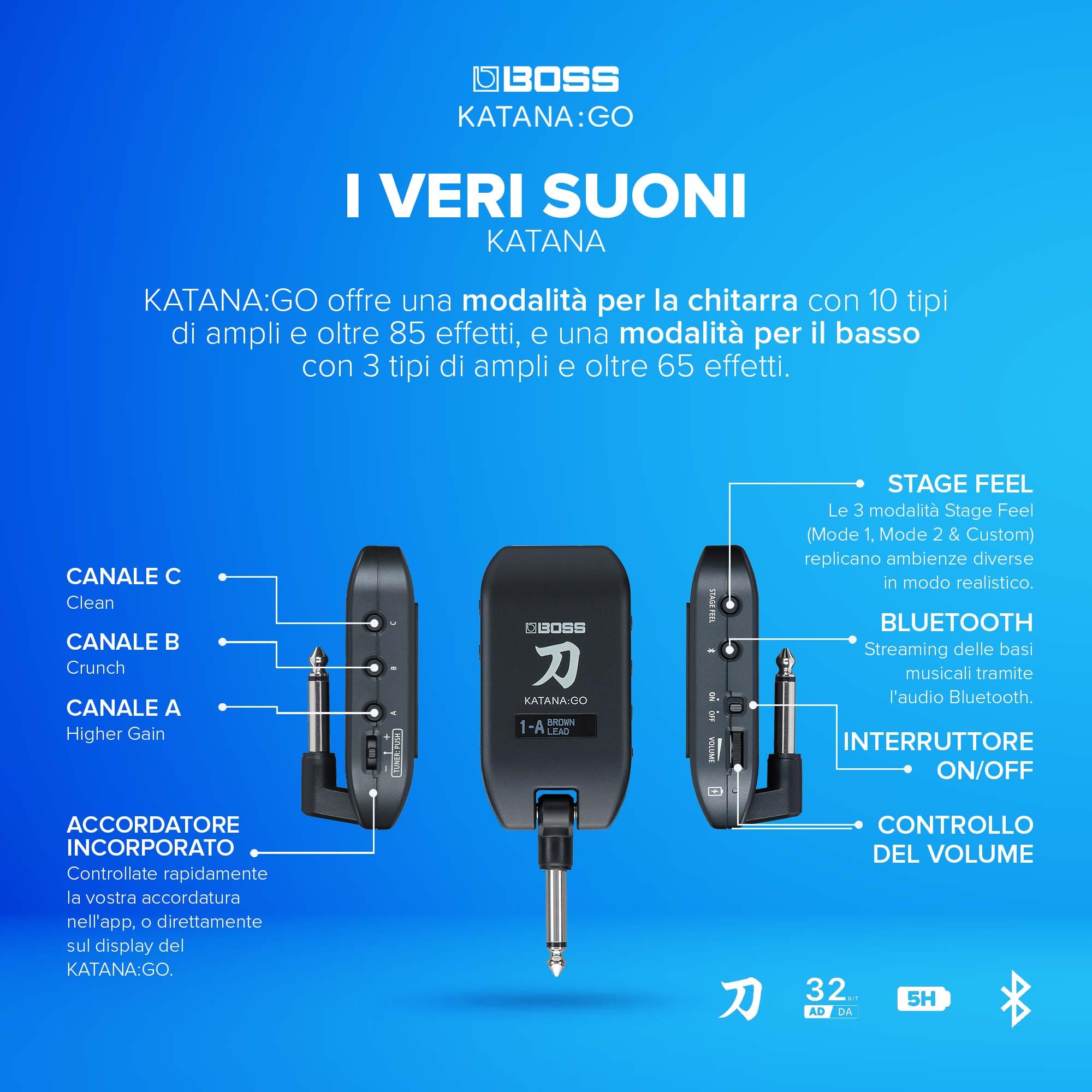 BOSS KATANA:GO Amplificatore per Cuffie per Chitarra e Basso con Timbri Katana e Tecnologia Spazi Acustici
