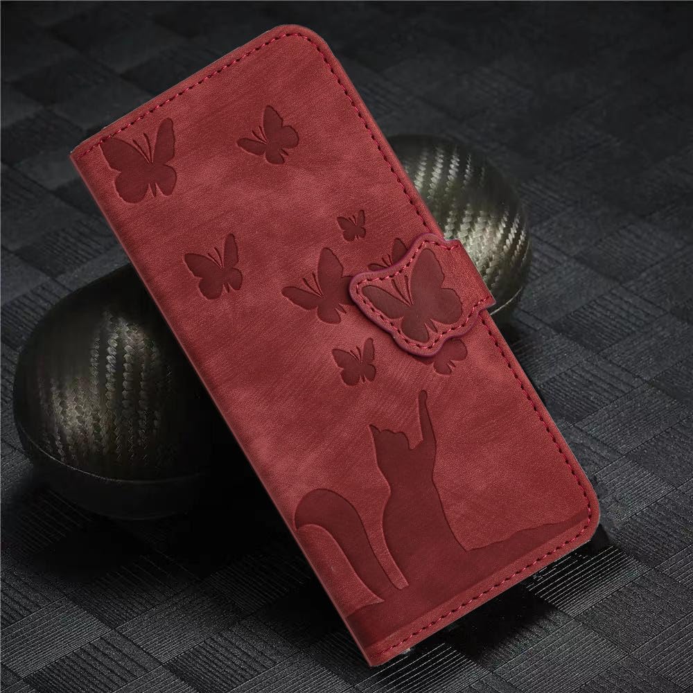 Handyhülle Für Oppo A94 5G – Flip-Cover Aus Leder Mit Kreditkartenfächern & Standfunktion | Magnetverschluss, Farbe: Butterfly Red