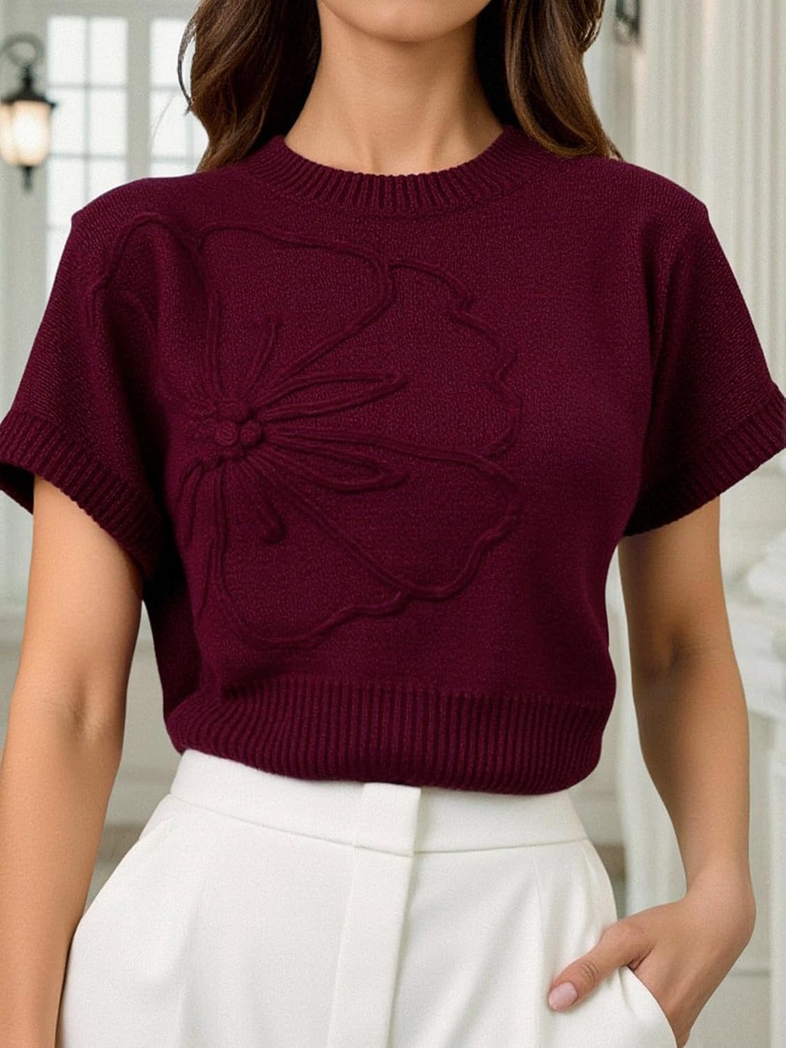 Women's 3D Floral Sweater Vest Short Sleeve Crew Neck Knit Tops Cap Sleeve Pullover Vest