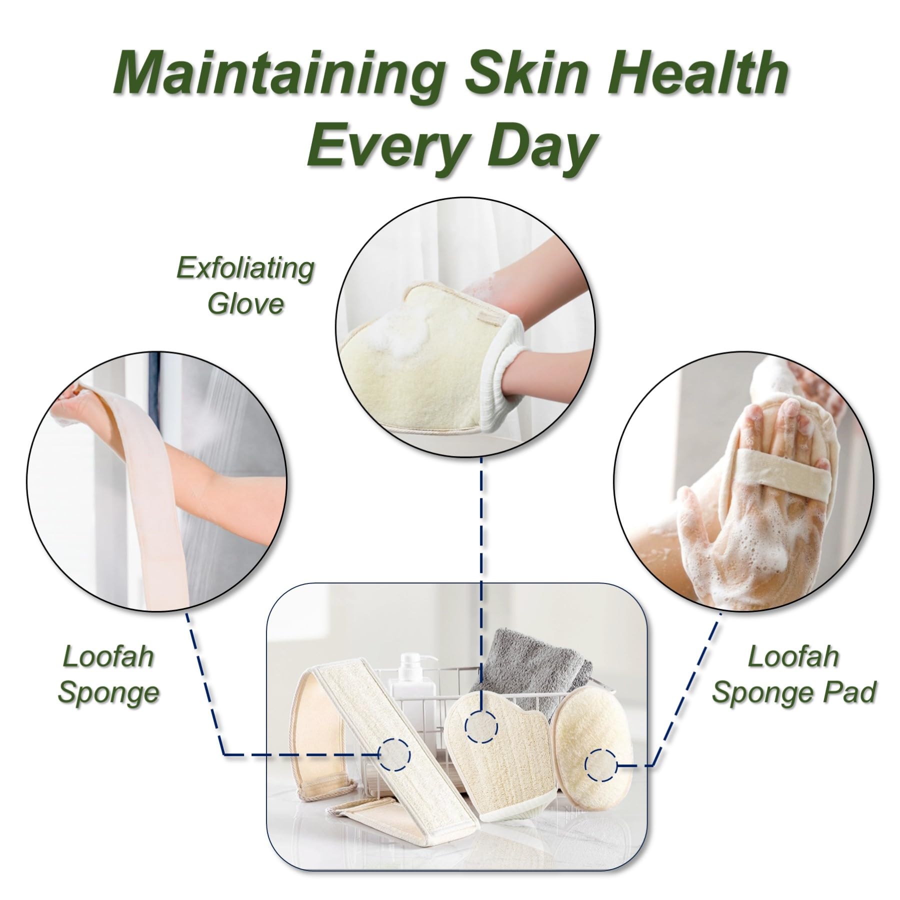 Esponja de lufa natural, exfoliante corporal para hombres y mujeres, lufa con asa, exfoliante de espalda para juego de ducha, limpia profundamente y vigoriza tu piel (3 piezas en caja)