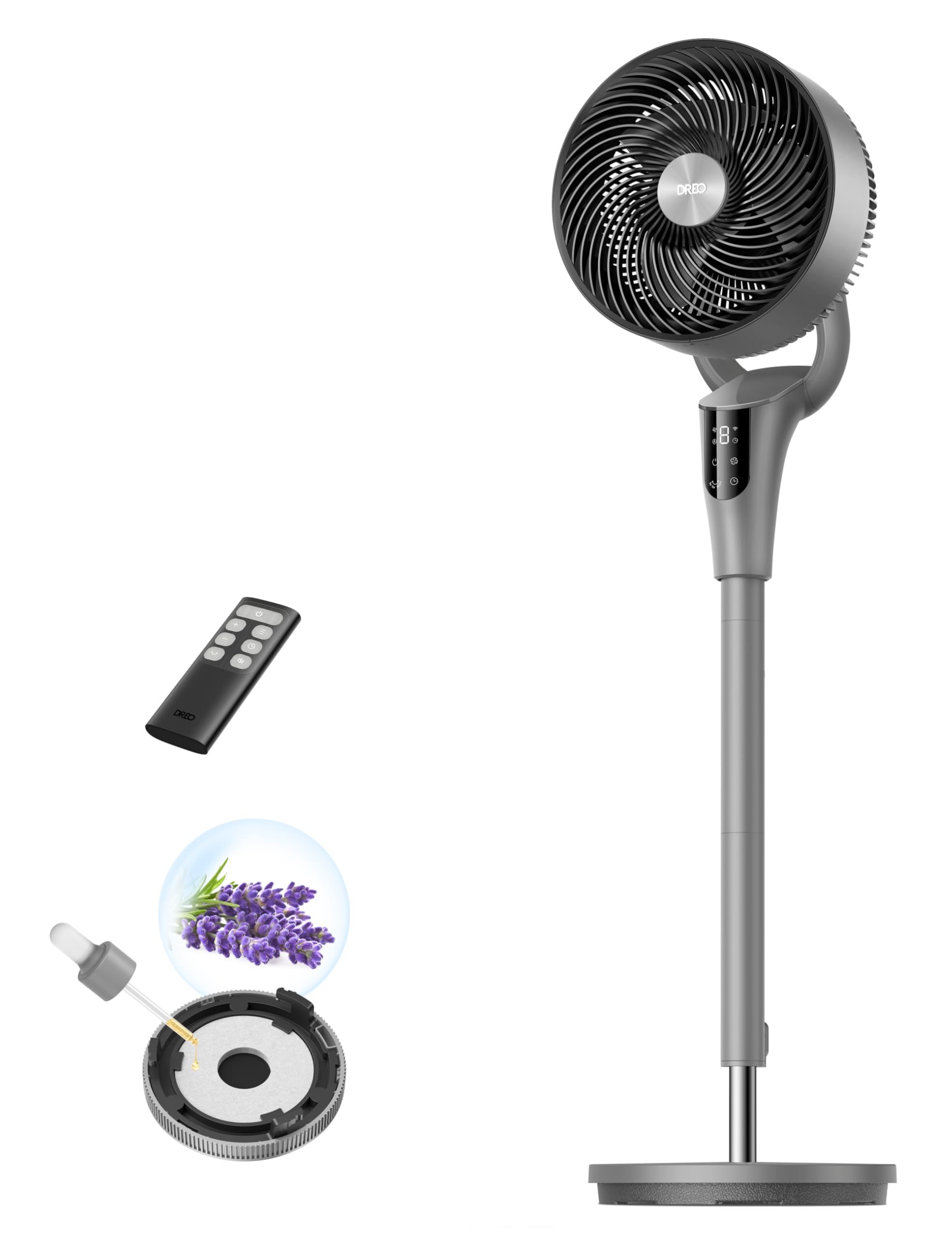 DREO Ventilatore a Piantana Silenzioso per Camera da Letto [Aggiornato], Flusso d’Aria 27m, 20dB, Oscillazione 90°, Motore DC, 8 Velocità, 3 Modalità, Altezza 96–106cm, Timer 8H, Inclinazione 105°