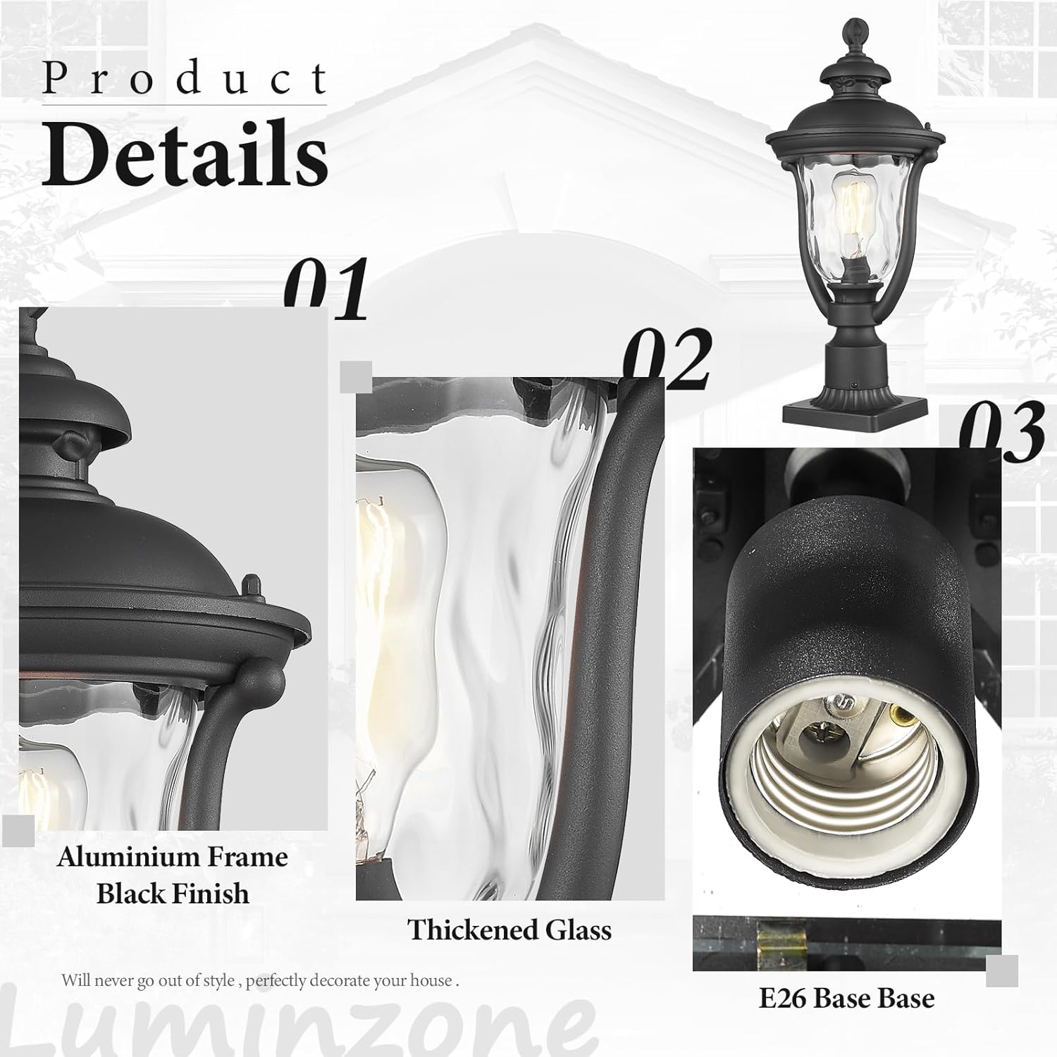 Outdoor Post Lights, Modern Exterior Lamp Posts Light Fixtures, Waterproof and Anti-Rust Aluminum Outside Pole Latern for Porch Patio Garden, Water Ripple Glass Lamp Shade, Black Finish