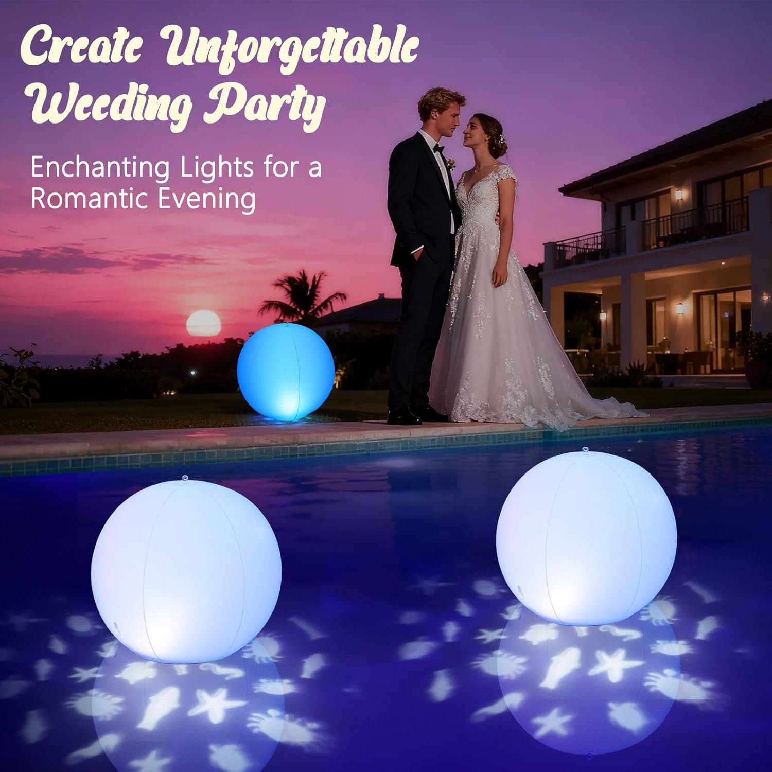 Floating Pool Lights w/Sea-Llife Patterns, 15" Upper & Lower Dynamic Color Changing Solar Pool Lights that Float, Inflatable Waterproof Light Up Pools Balls for Backyard Pond Party Decor(2)