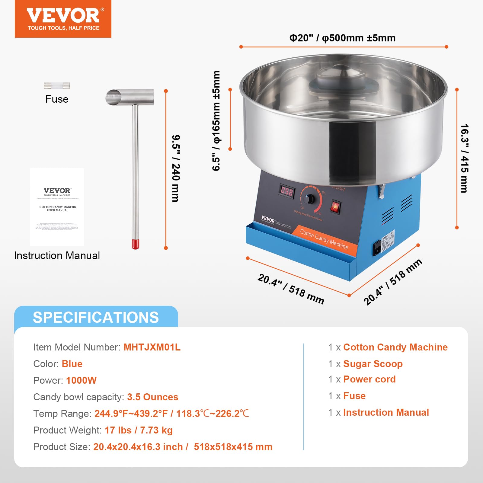 VEVOR Machine à barbe à papa électrique, 1000 W, appareil à barbe à papa commercial avec bol en acier inoxydable et cuillère à sucre, parfait pour maison, anniversaire d'enfant, fête de famille (bleu)