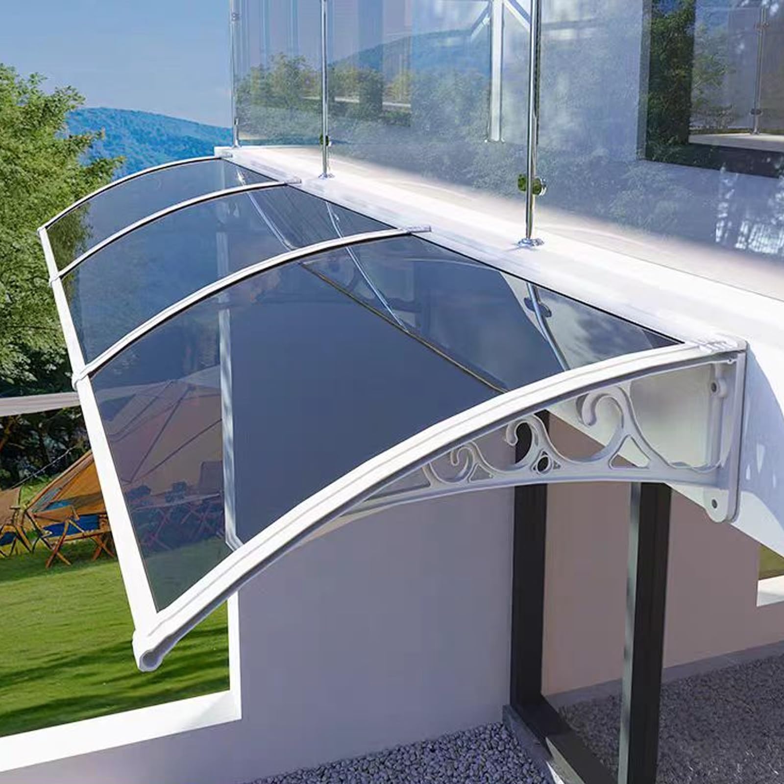 Zlovne White Door Awning,Outdoor Window Rain Shelter,Uv Rain Snow Protection Outdoor Awning Window Garden Canopy Patio Porch Awning,Polycarbonate Cover,With Black,,Grey Bracket (60X160cm/24"X63",)