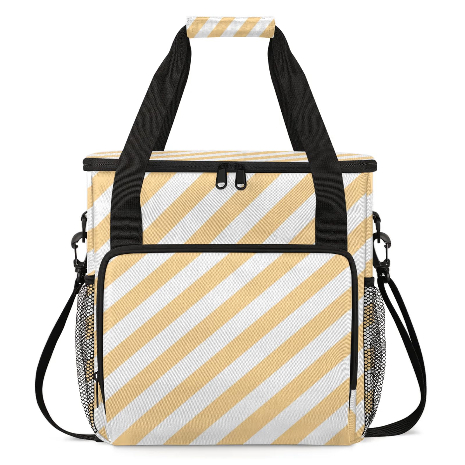 Adornori Stripe Yellow Travel Coffee Maker Carrying Bag, Large Organizer Storage Tote Bag Insulated Reusable Cooler Grocery Bags