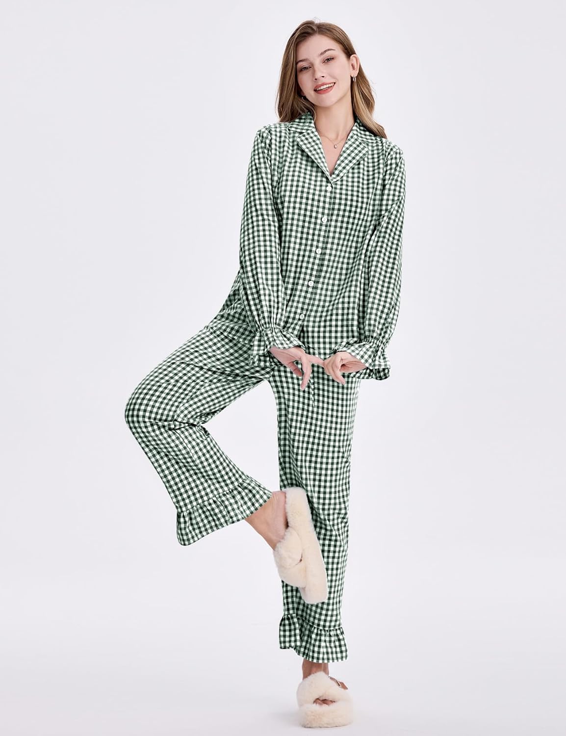 Kissonic Women Gingham Pajama Sets Cotton Long Sleeve Button Down Shirt and Pants Y2K Pjs Lounge Set Sleepwear